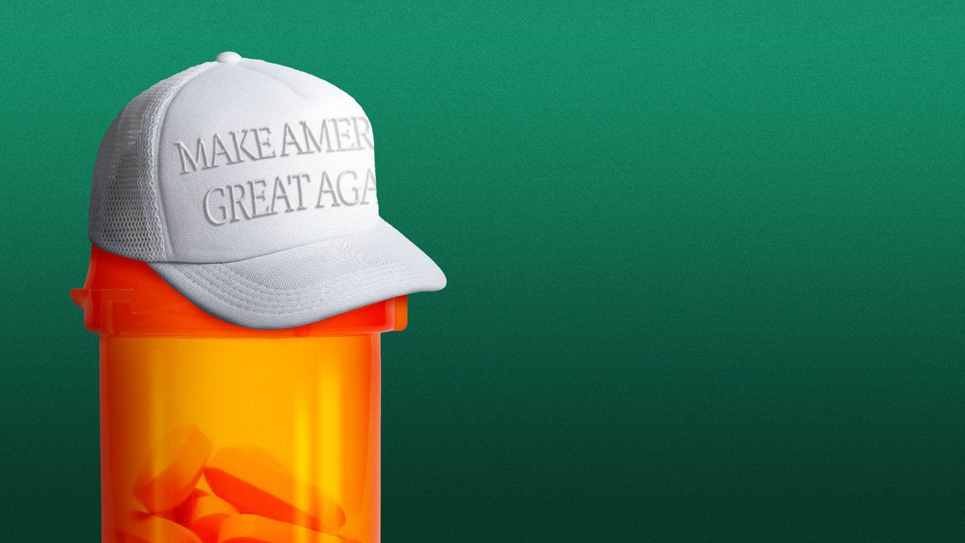 Illustration of a prescription pill bottle with a white MAGA hat top