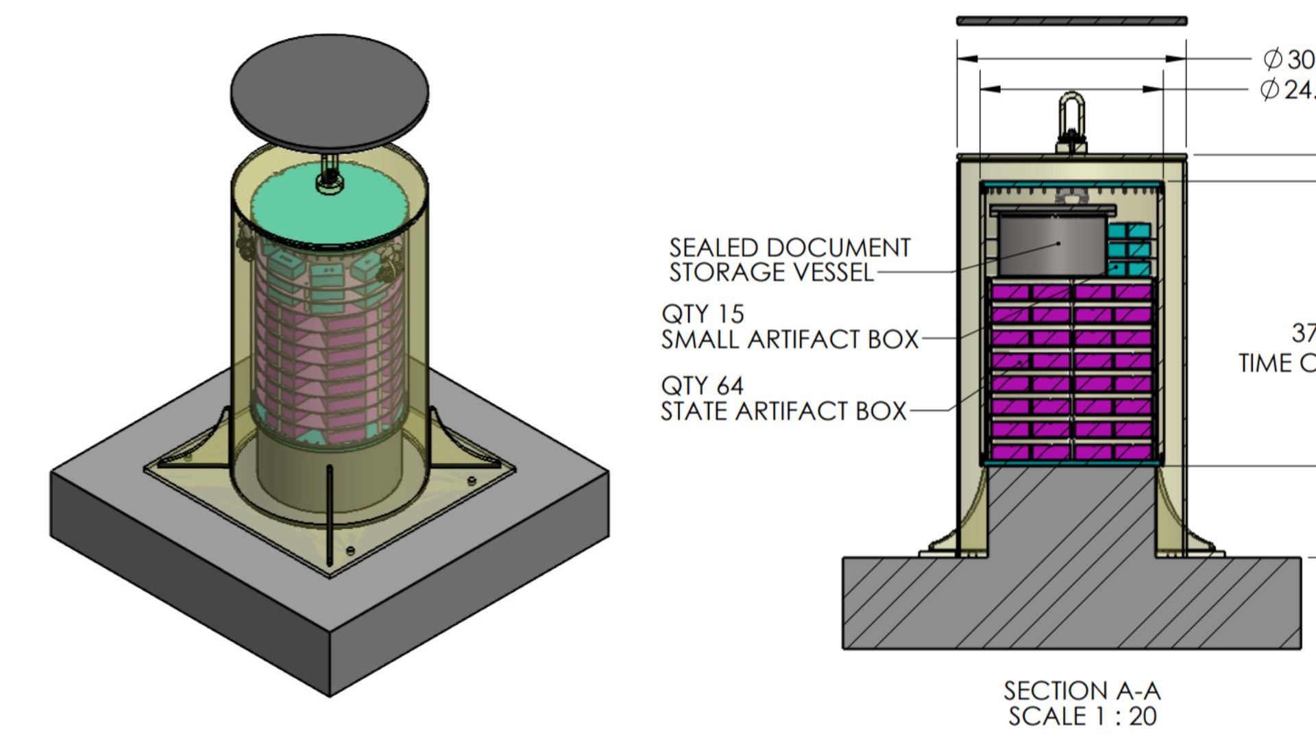 Diagram of a sealed cylindrical storage vessel on a square base holding 15 small artifact boxes in blue and 64 state artifact boxes in purple, with labeled dimensions and cross-section view.