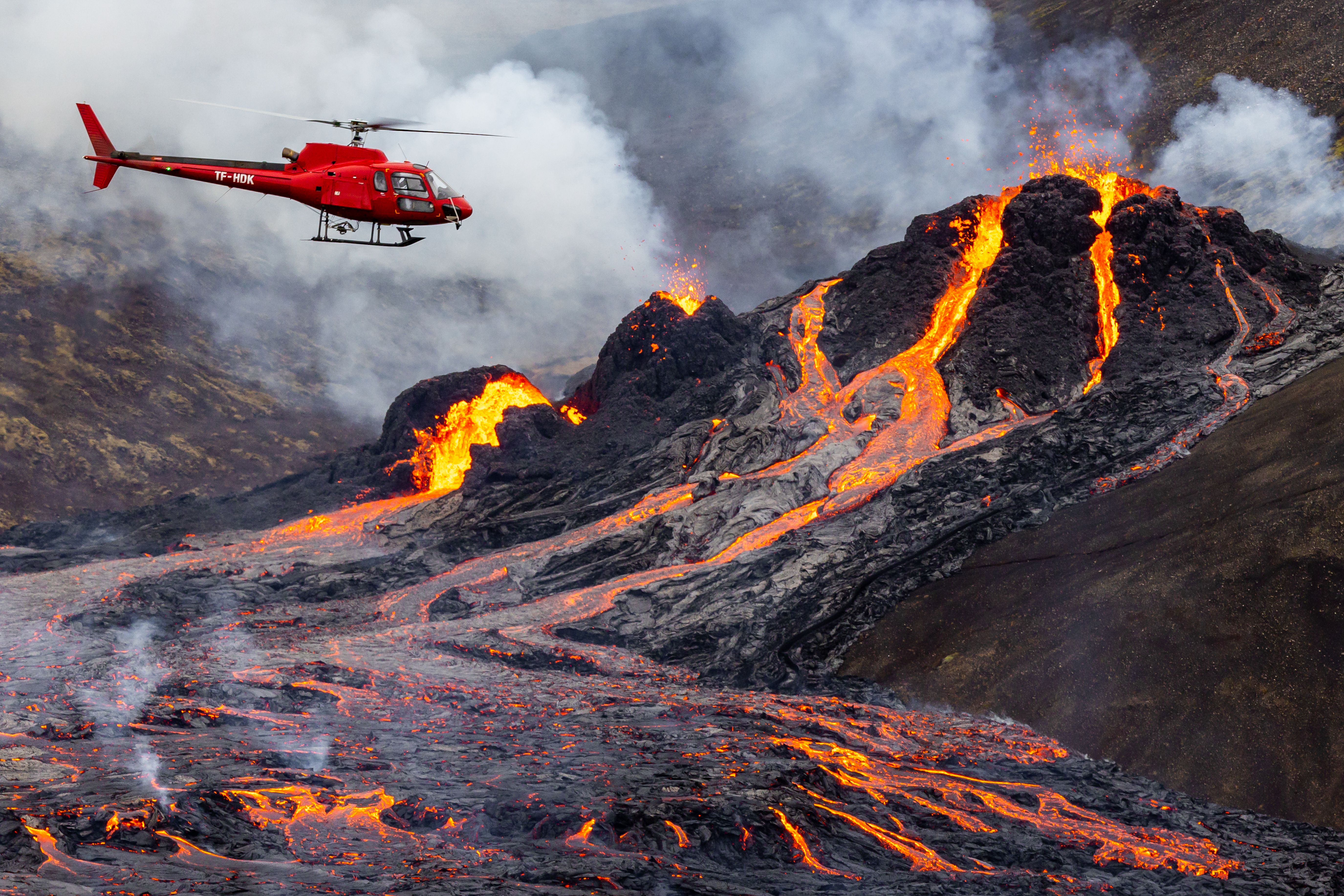 A helicopter flying near the lava flow on March 20.