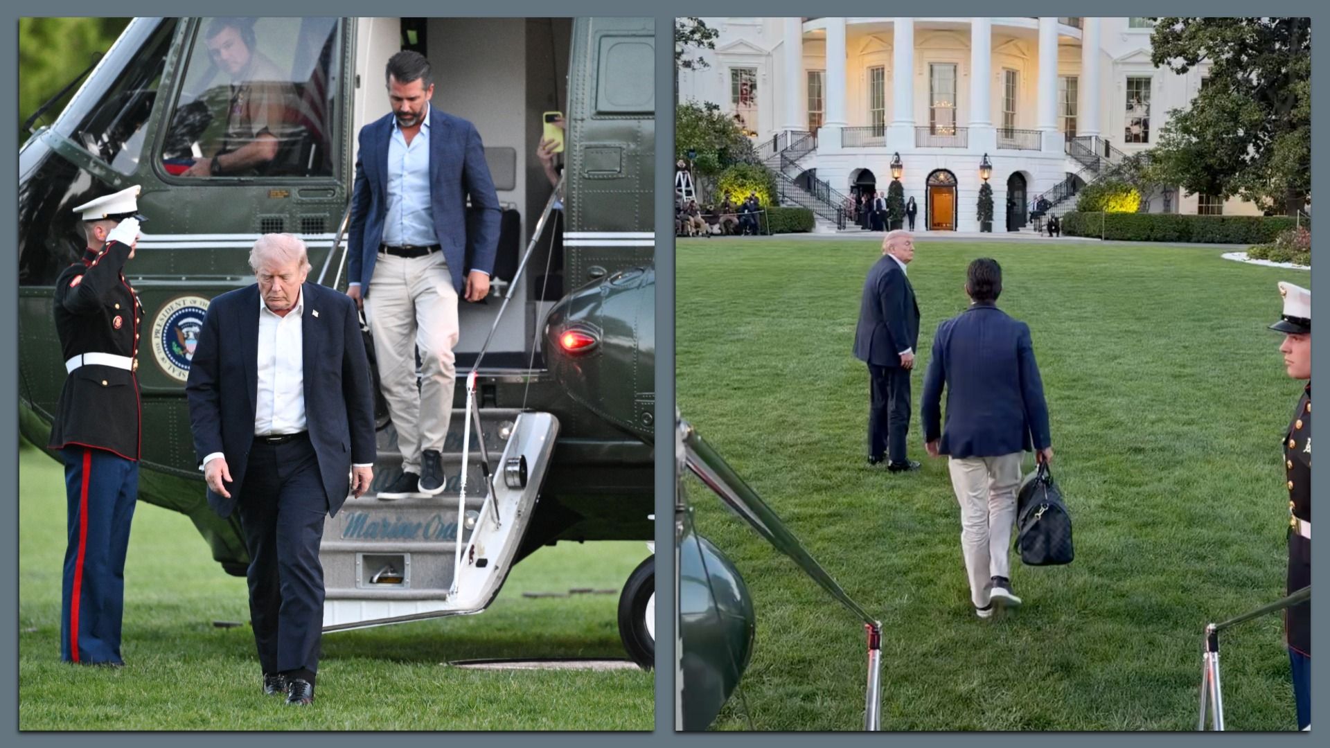 Two angles of President Trump and Don Jr. walking off Marine One.