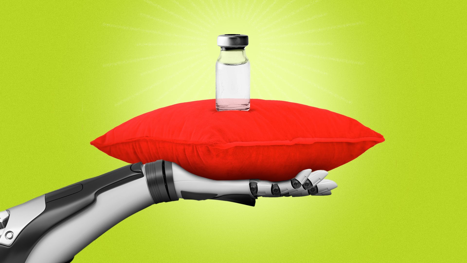 Illustration of a robotic hand holding up a red velvet pillow with a vial of medicine in the center. 