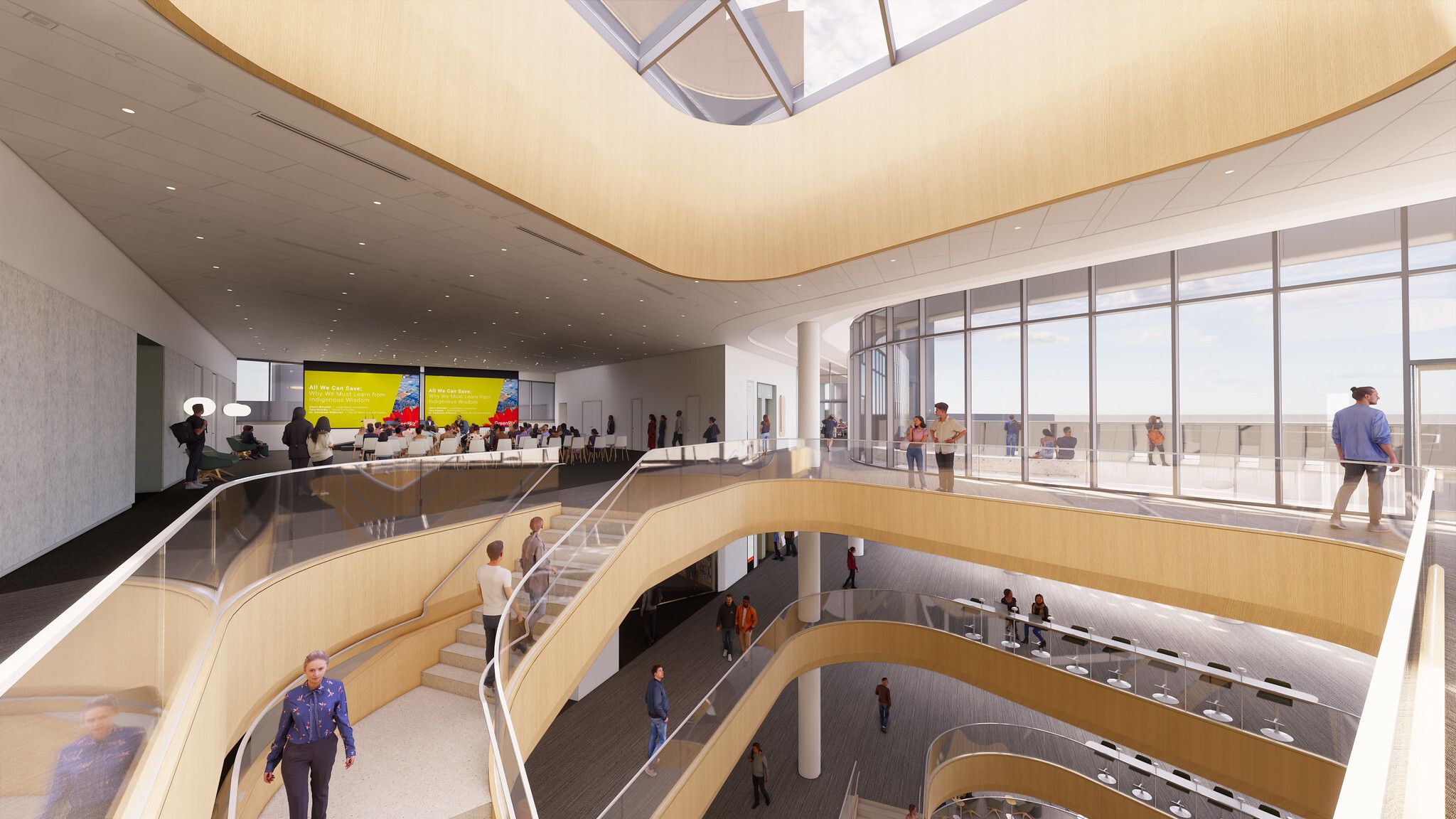 Bright modern atrium with curved wooden balconies, glass railings, people walking and socializing, large windows with outdoor views, and a presentation in a room with yellow screens.