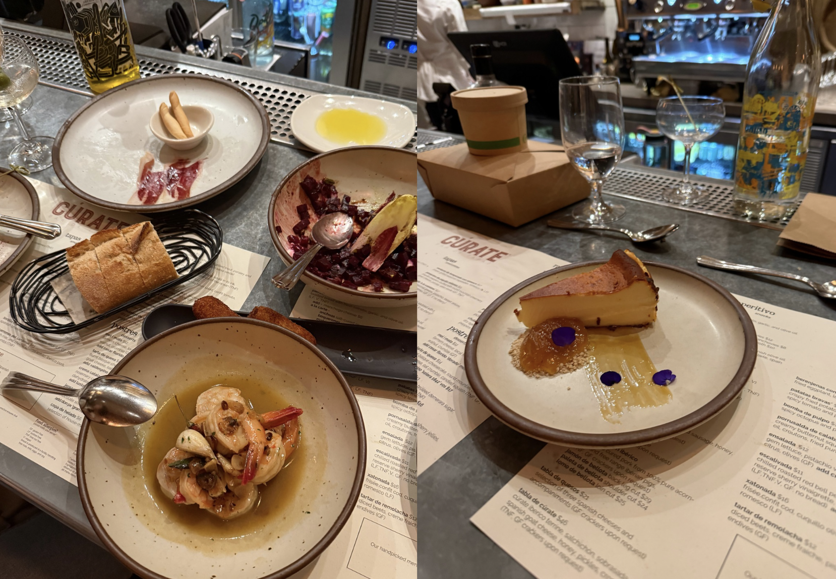 Two images of food at a bar: left shows shrimp in broth, bread, croquettes, and a beet salad; right shows a slice of cheesecake with jelly and flower petals on a beige plate. Bar menus and drinks visible.