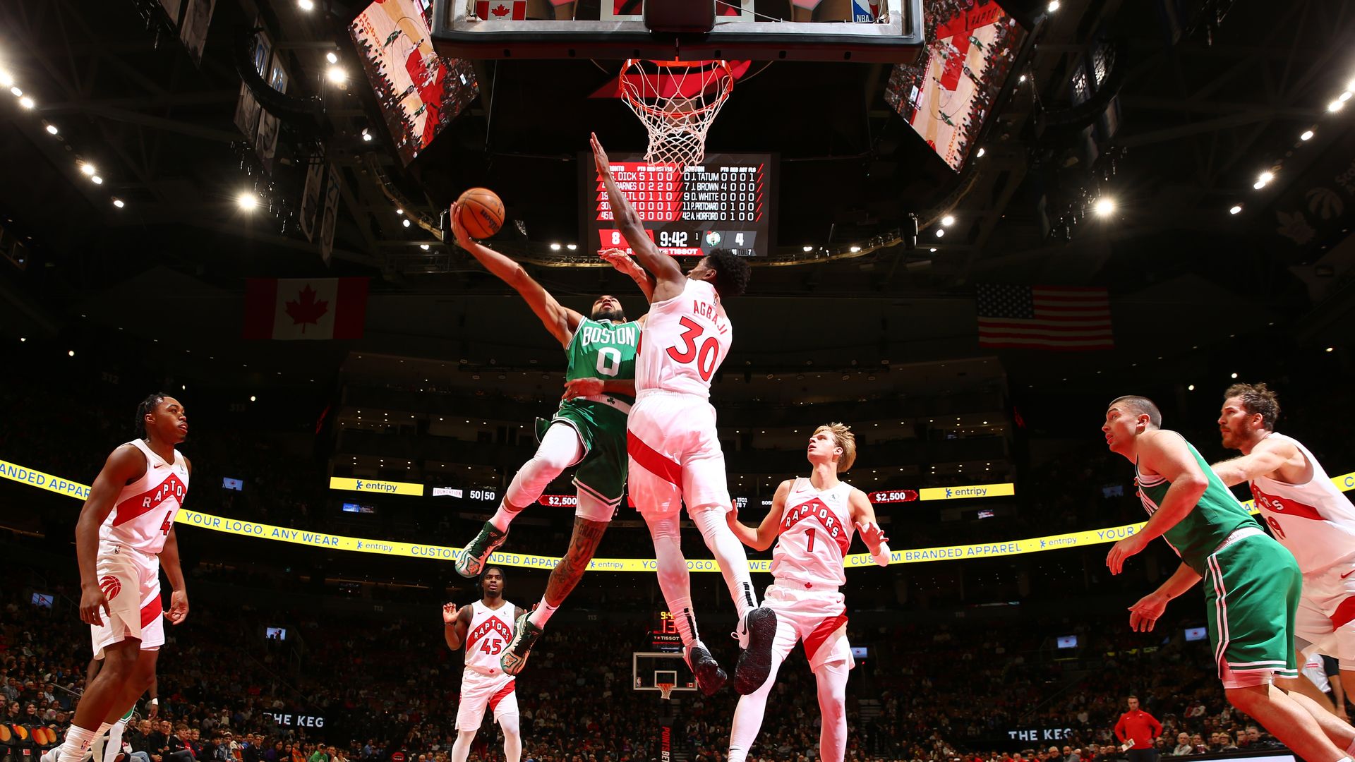 Jayson Tatum #0 of the Boston Celtics drives to the basket during the game against the Toronto Raptors on October 15, 2024 at the Scotiabank Arena in Toronto, Ontario, Canada. NOTE TO USER: User expressly acknowledges and agrees that, by downloading and or using this Photograph, user is consenting t