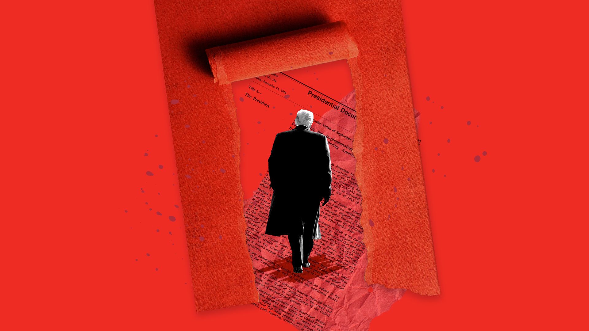 President Trump walking away juxtaposed over a presidential document.