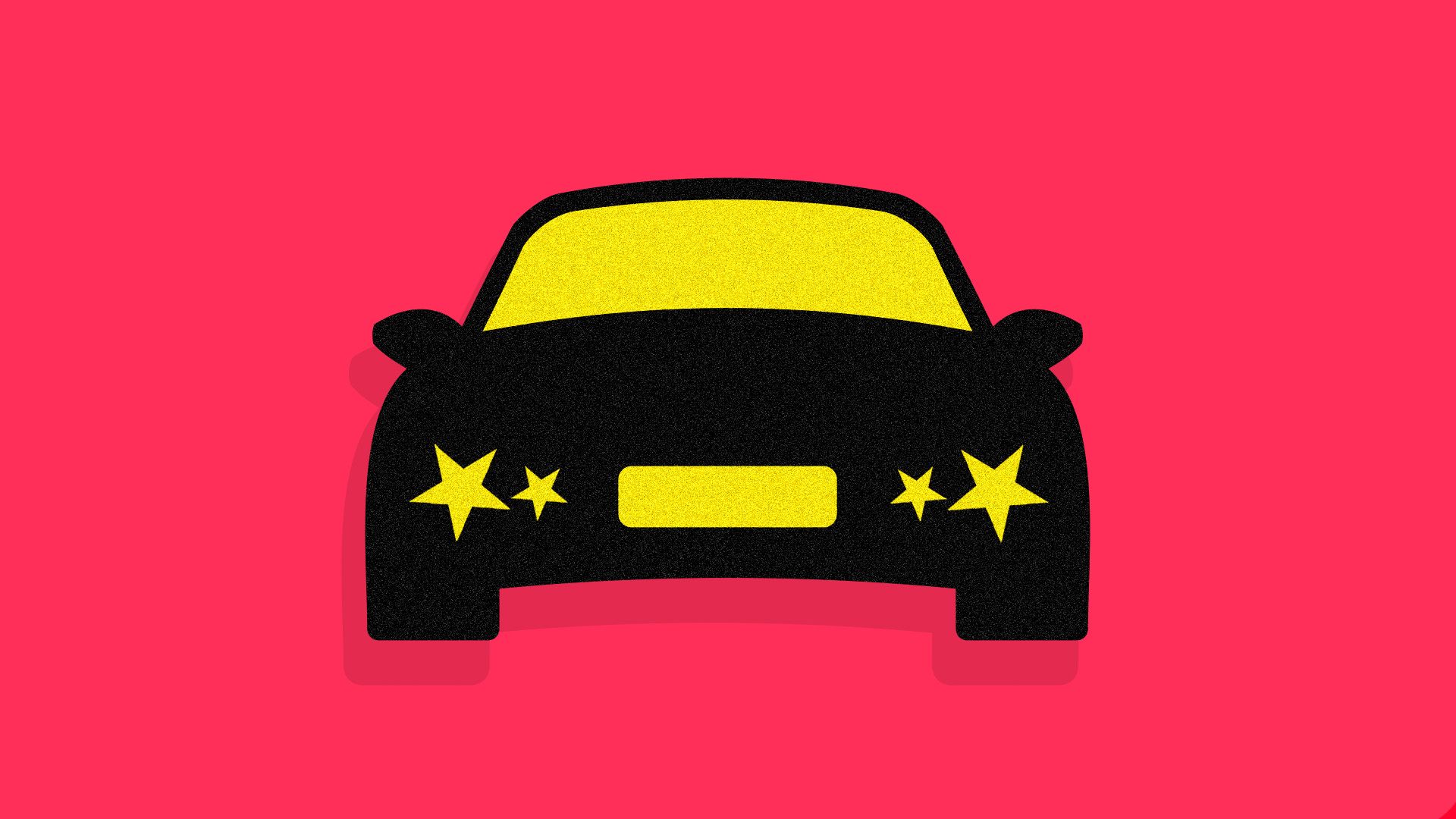 illustrated car with yellow star-shaped headlights against a red background