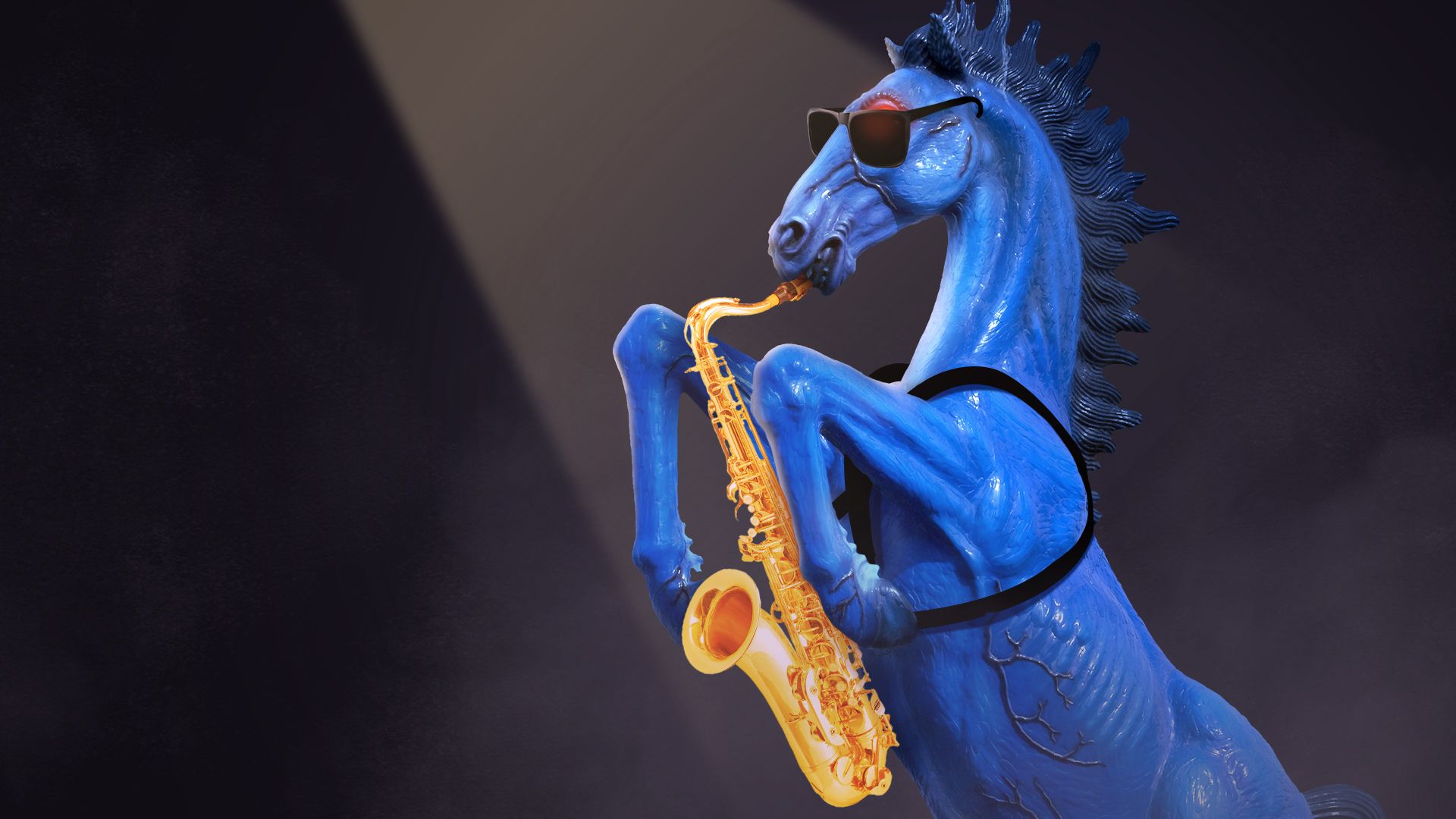 Photo illustration of Blucifer playing a saxophone in a smoky nightclub. 