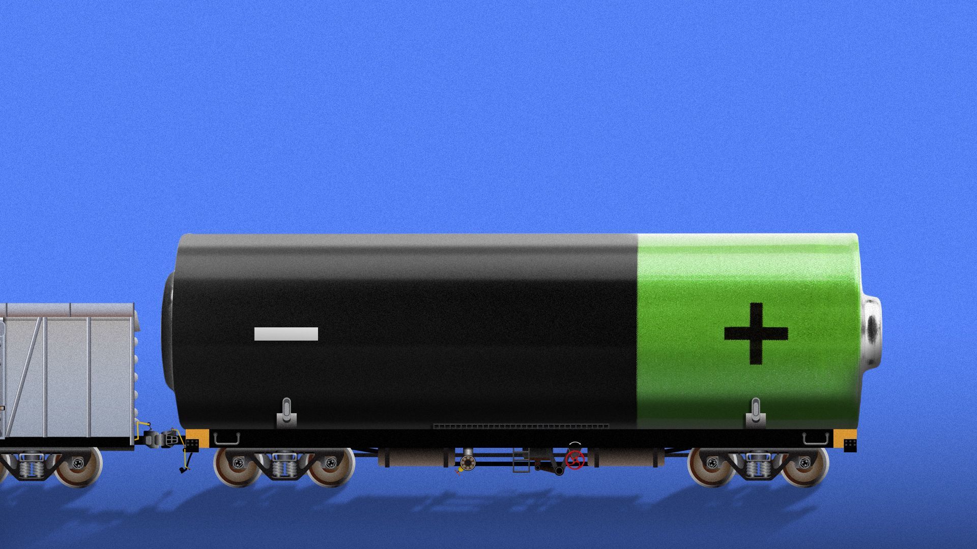 Illustration of a locomotive made from a huge battery.