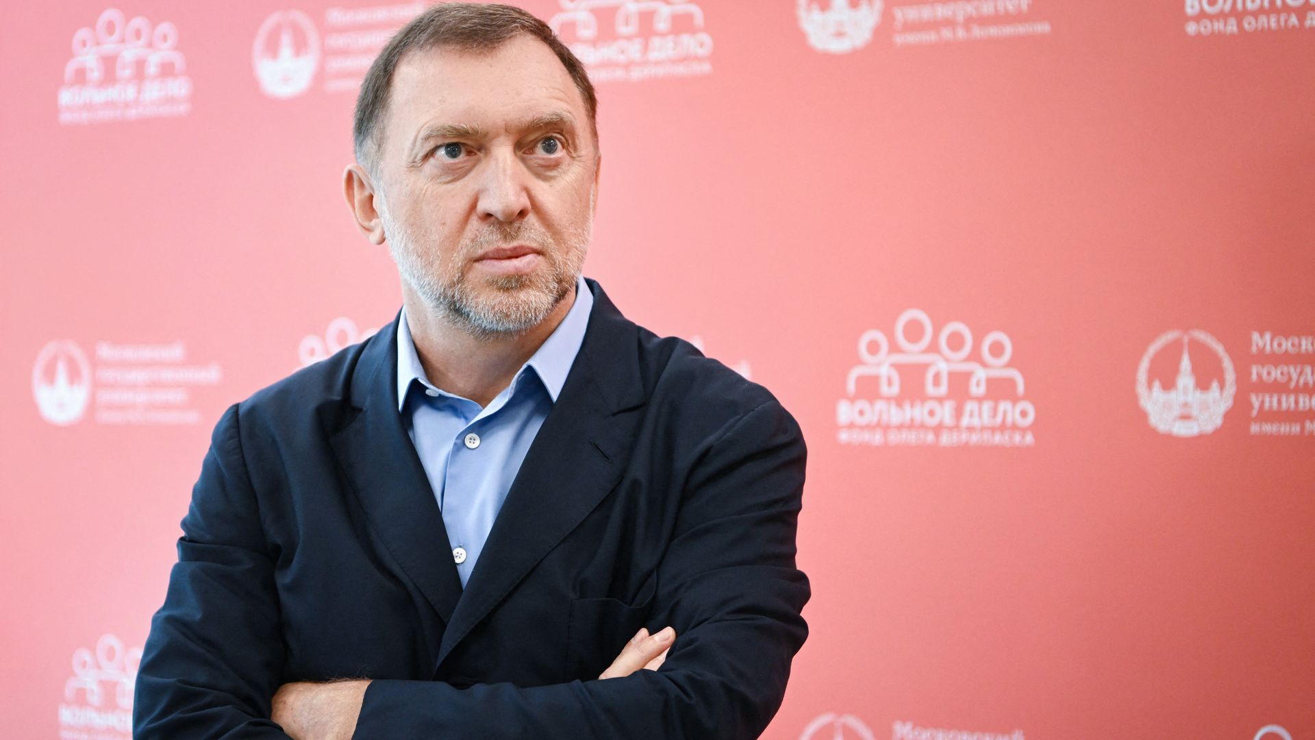 Russian oligarch Oleg Deripaska addresses media representatives during a press conference in Moscow on June 28, 2022
