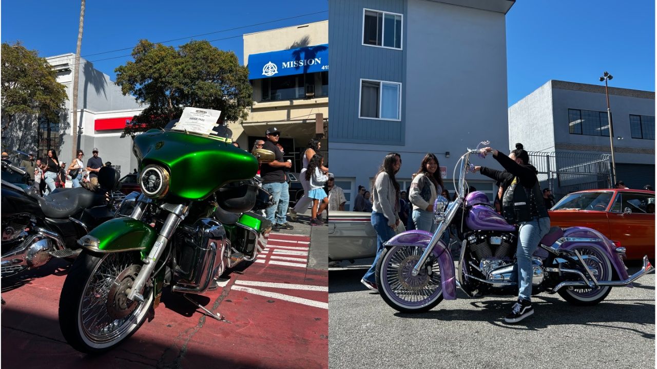 Photos of a green motorcycle on the left and a woman riding a purple motorcycle on the right