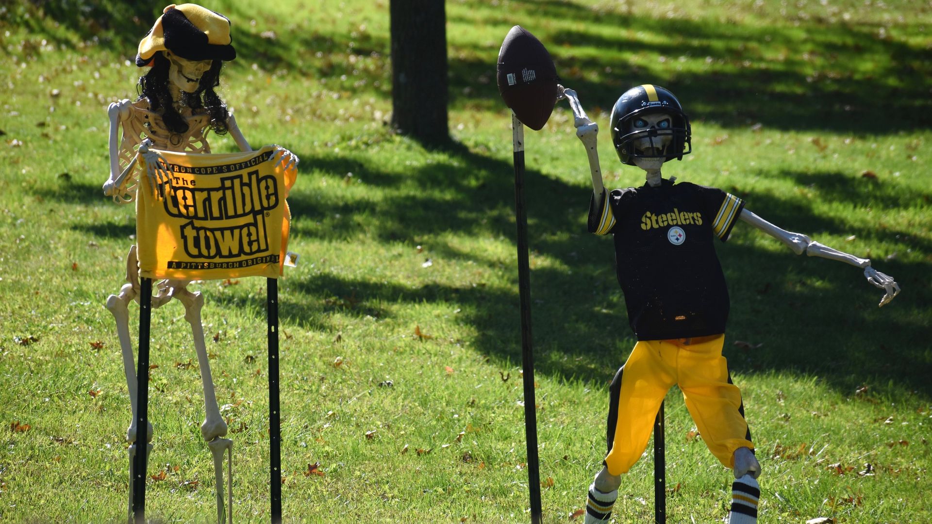 Two skeleton yard figures on stakes in a sunny grassy field: left skeleton with a yellow hat holding a "Terrible Towel" banner; right skeleton in a Steelers jersey and helmet, raising an arm.