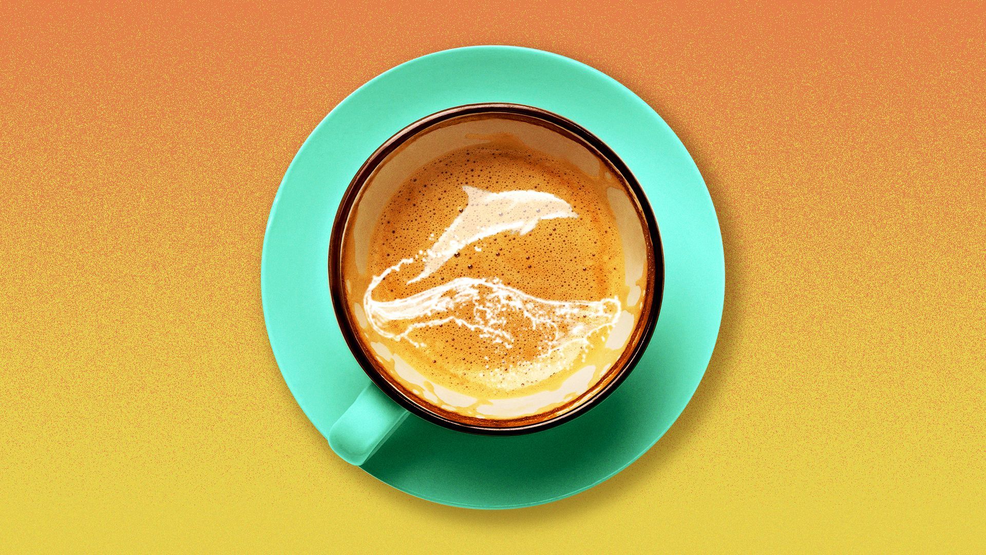 Illustration of a coffee cup with dolphin latte art.