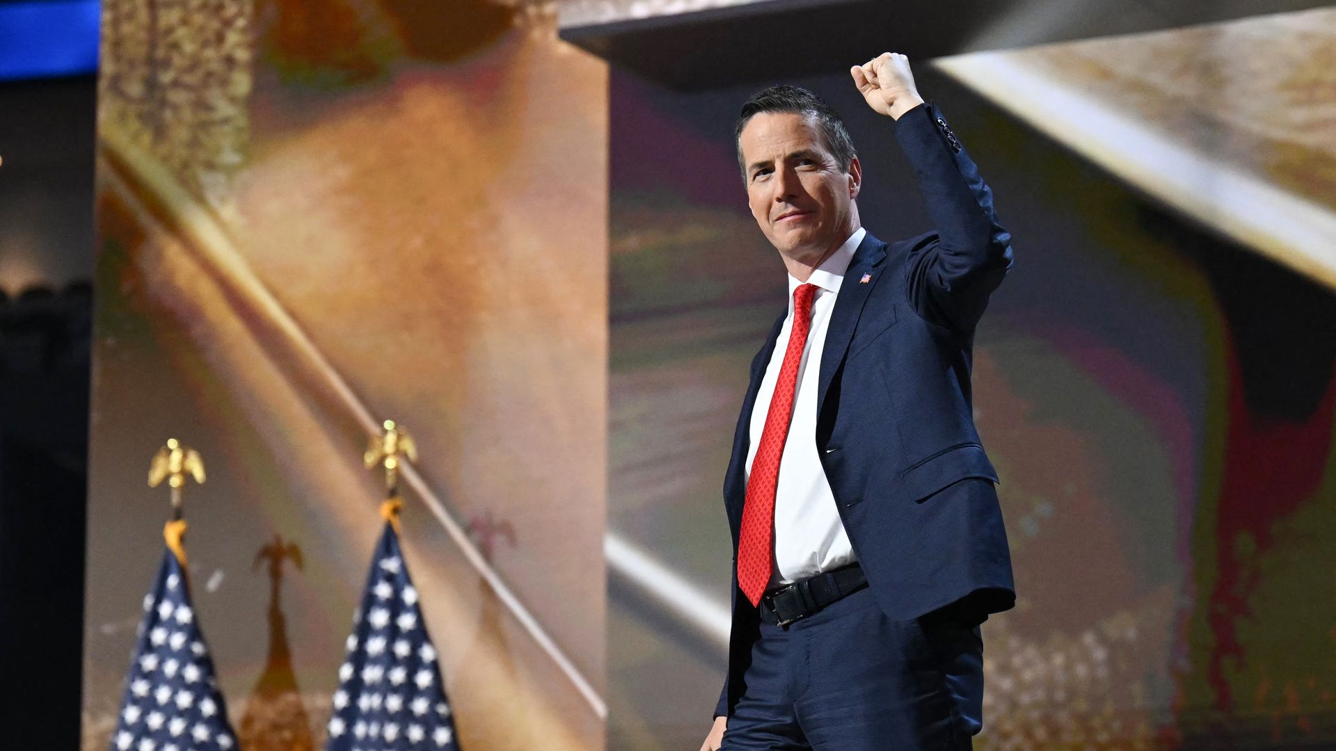 Bernie Moreno gestures as he arrives onstage to speak during the second day of the 2024 Republican National Convention