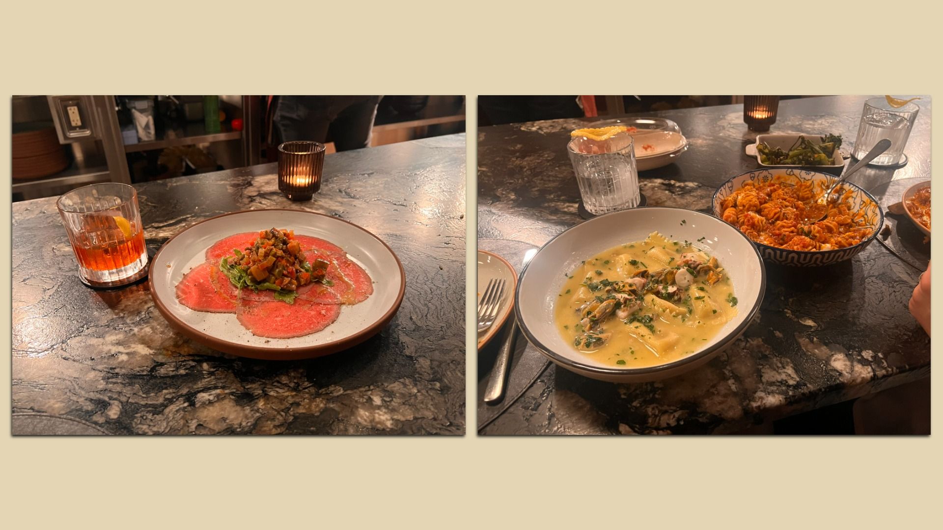 Two images side by side: left shows a plate of beef carpaccio with diced vegetables, a drink with lemon, candle on dark marble table; right shows two pasta dishes, greens and drinks.