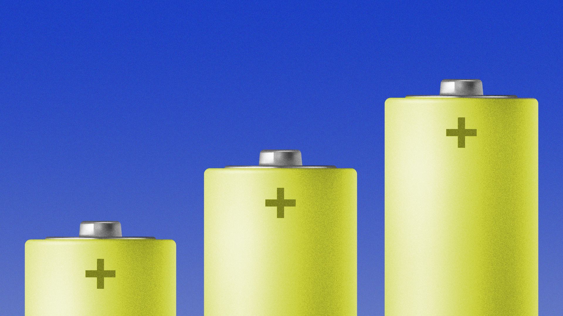 Three batteries as the bars of a bar chart, each one increasing in height.