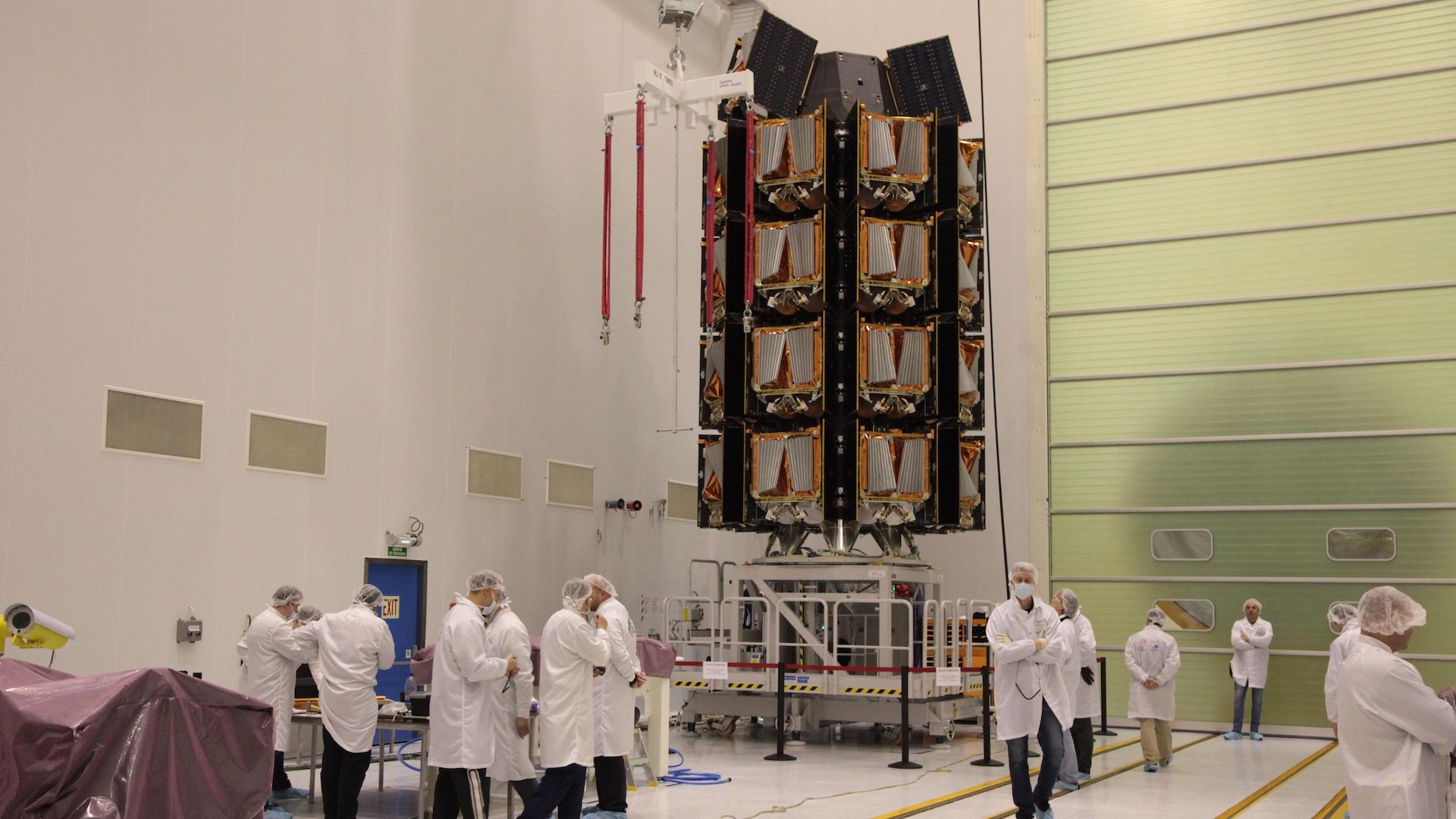 A stack of satellites in a clean room