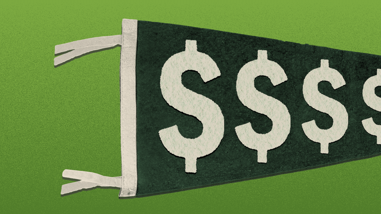 Animated illustration of a felt pennant with dollar signs on it. One of the dollar signs peels off.