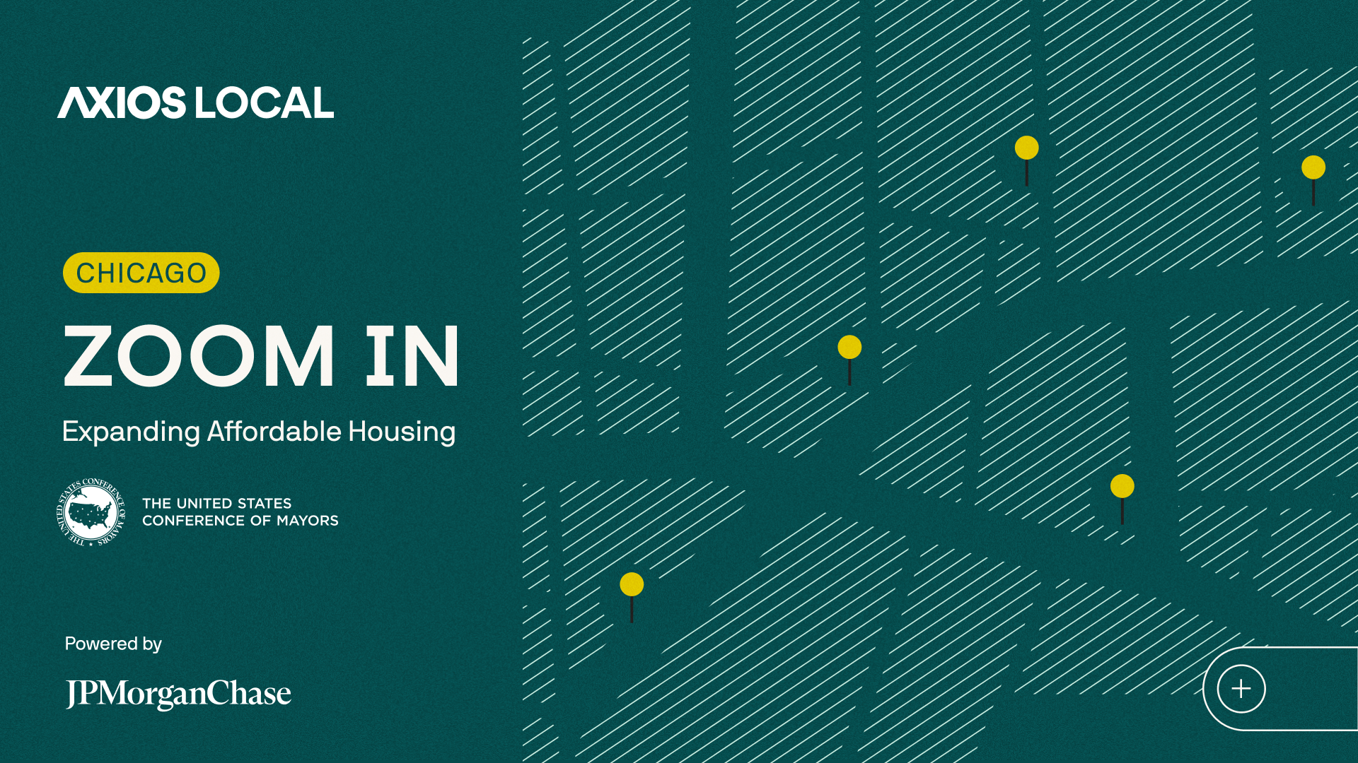 A placard that says "Axios Local Chicago Zoom In" 