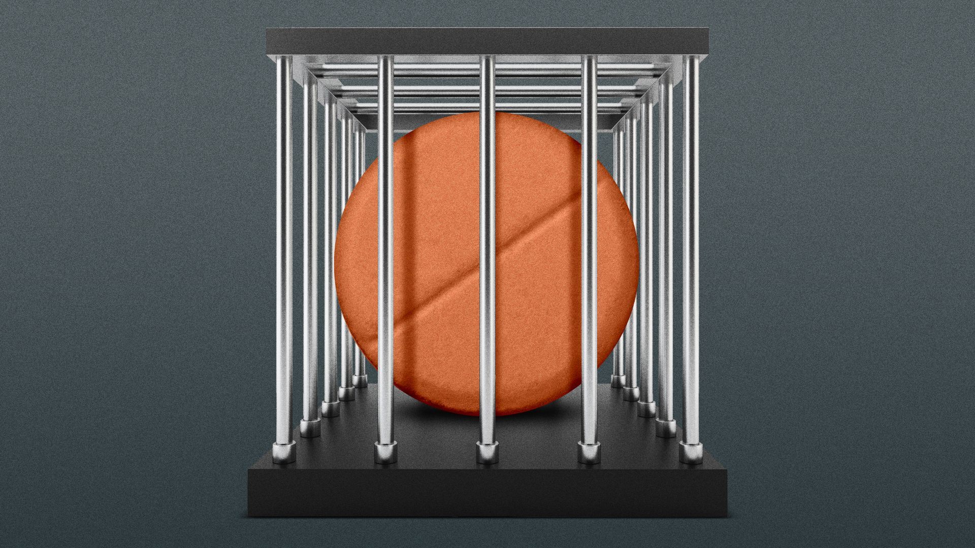 Illustration of an orange pill in a cage. 