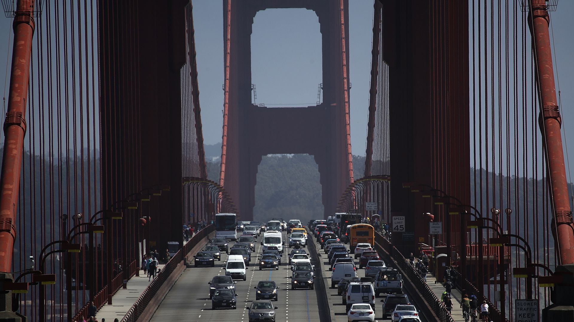 Cars drive over the Golden Gate Bridge on August 2, 2018 in Sausalito, California. 