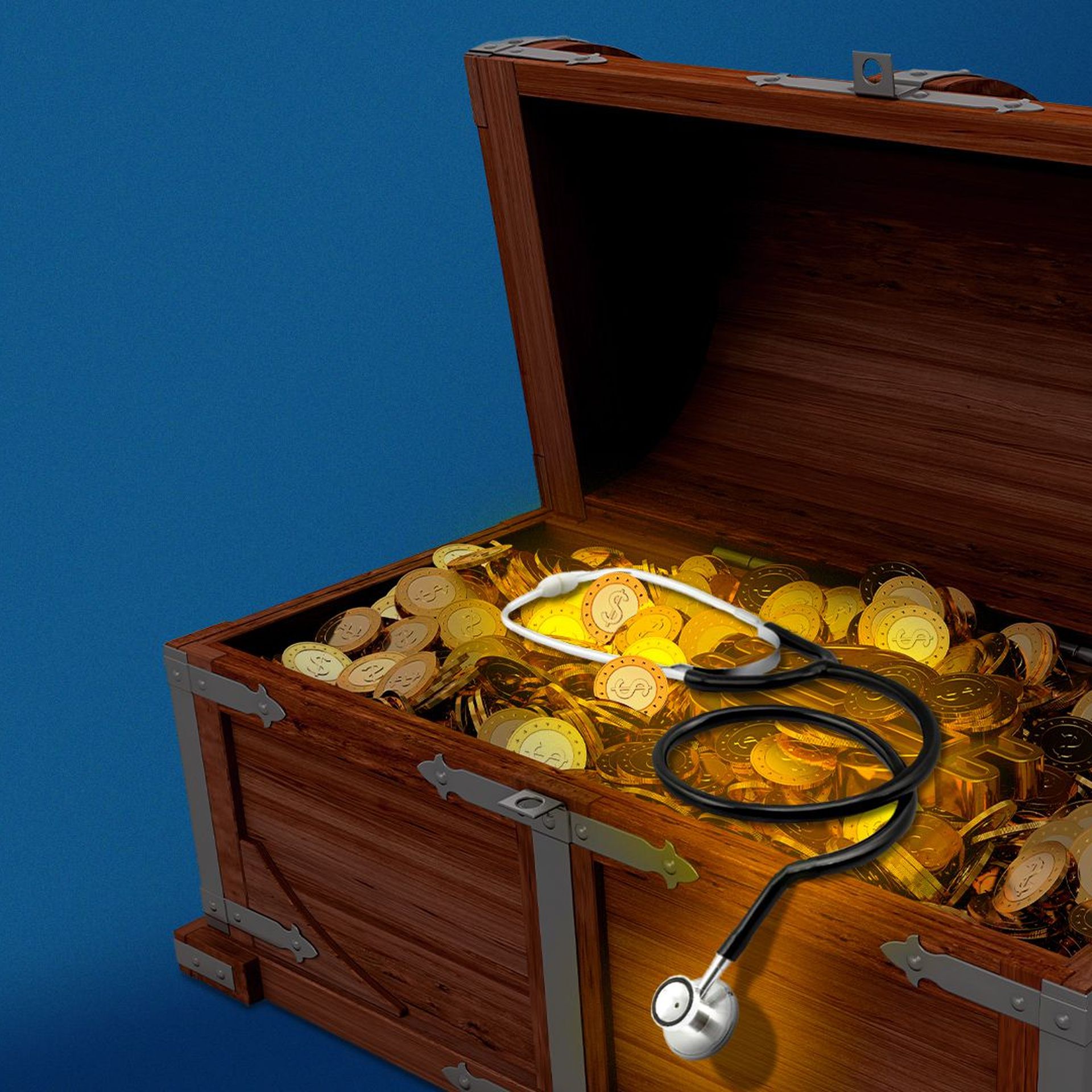 Illustration of a treasure chest full of coins and a stethoscope.