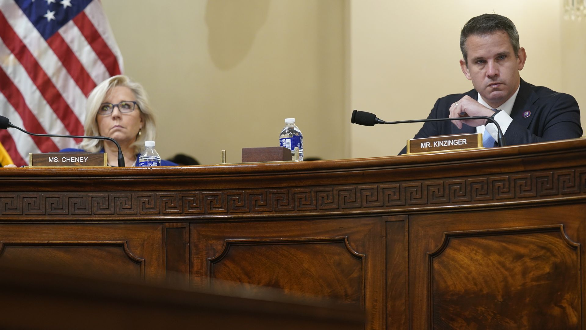 Reps. Liz Cheney and Adam Kinzinger are seen during the first meeting of the Jan. 6 select committee.