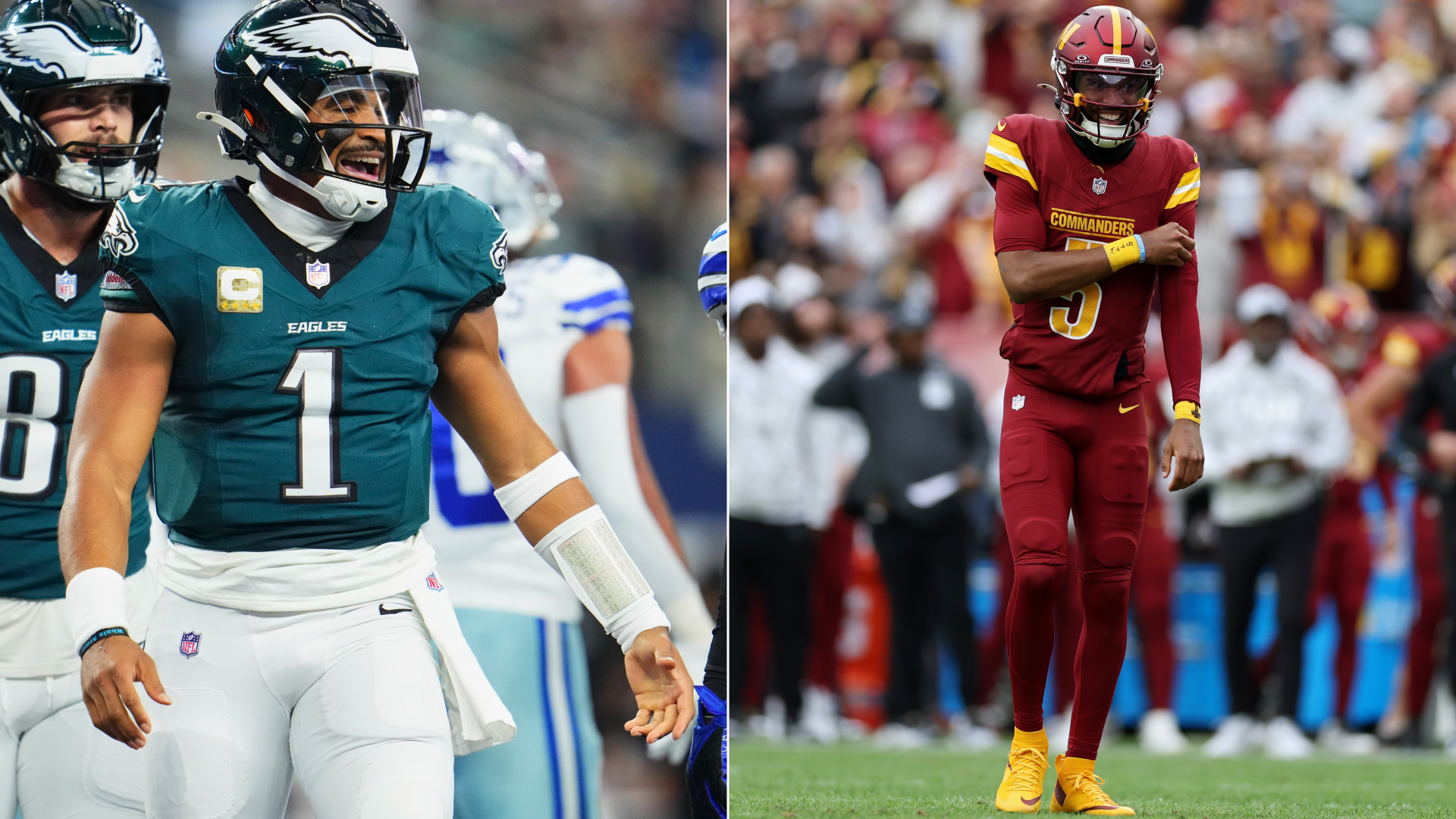 Eagles QB Jalen Hurts, left; Washington QB Jayden Daniels, right