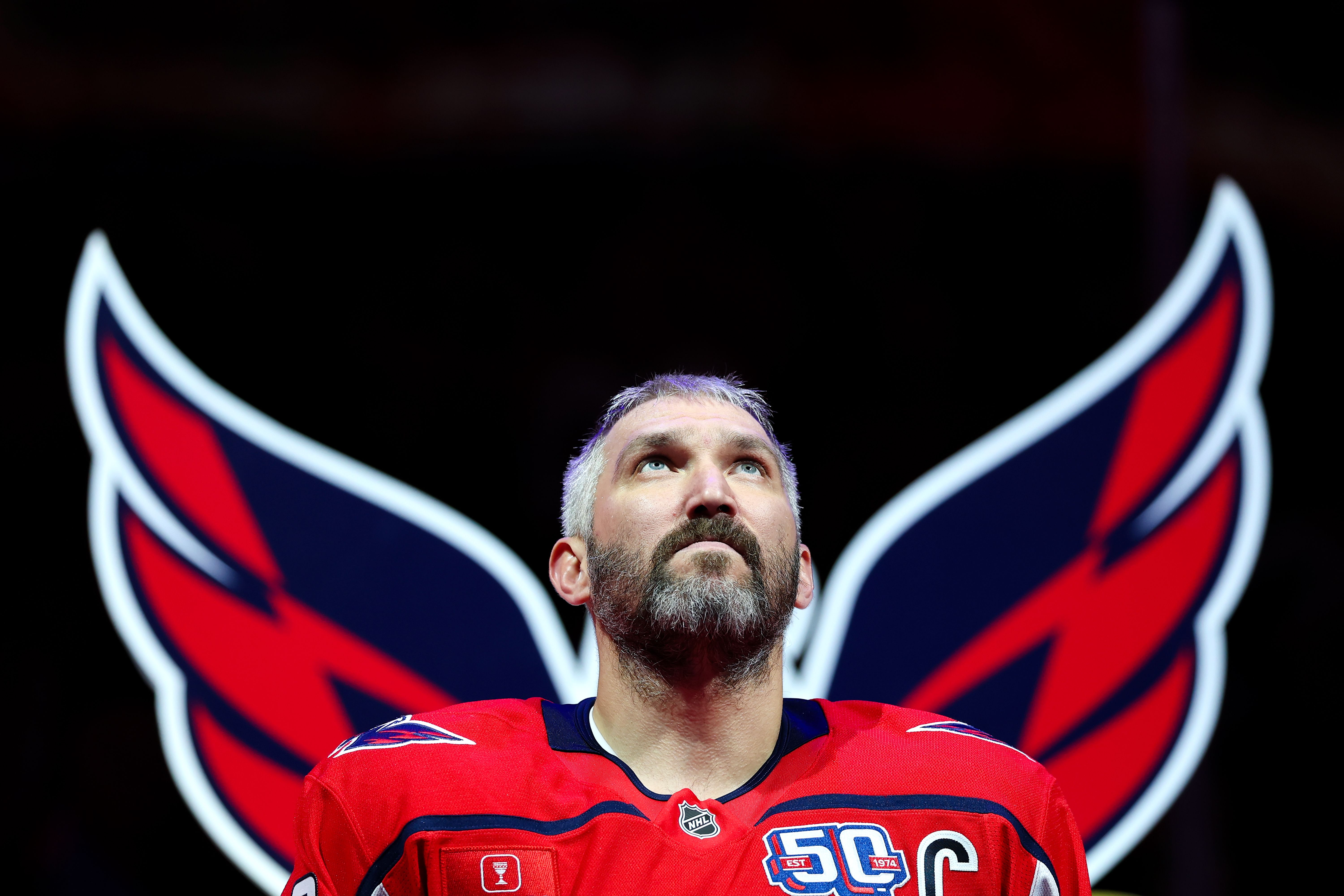 Alex Ovechkin ahead of an April 2025 game against the Carolina Hurricanes. Photo: Patrick Smith/Getty Images