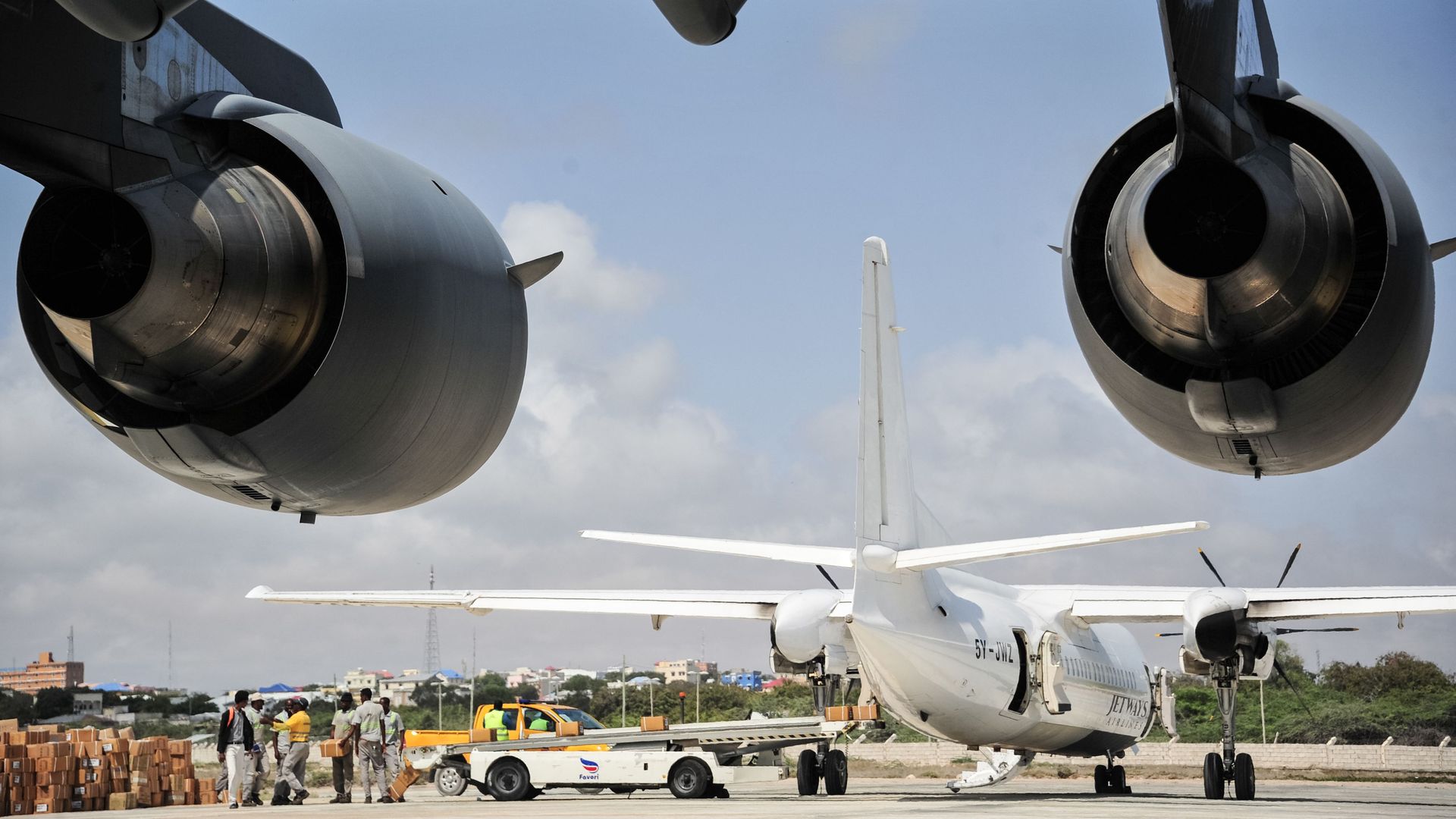 Two airplanes are visible at Aden Adde international airport in Mogadishu.