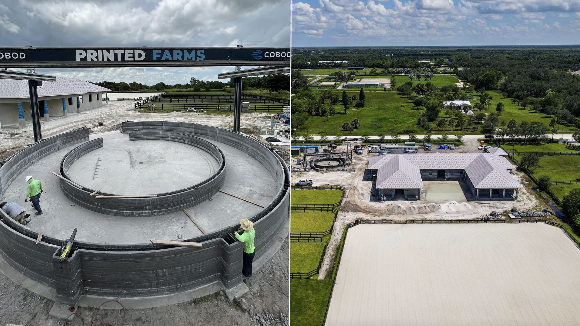 A few workers at a Printed Farms construction site and a 3D-printed horse barn