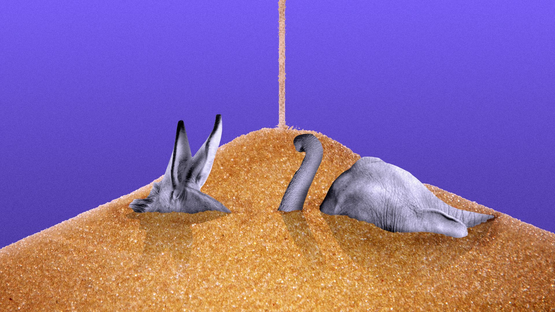 Illustration of an elephant and a donkey being buried in sand pouring down hourglass style.