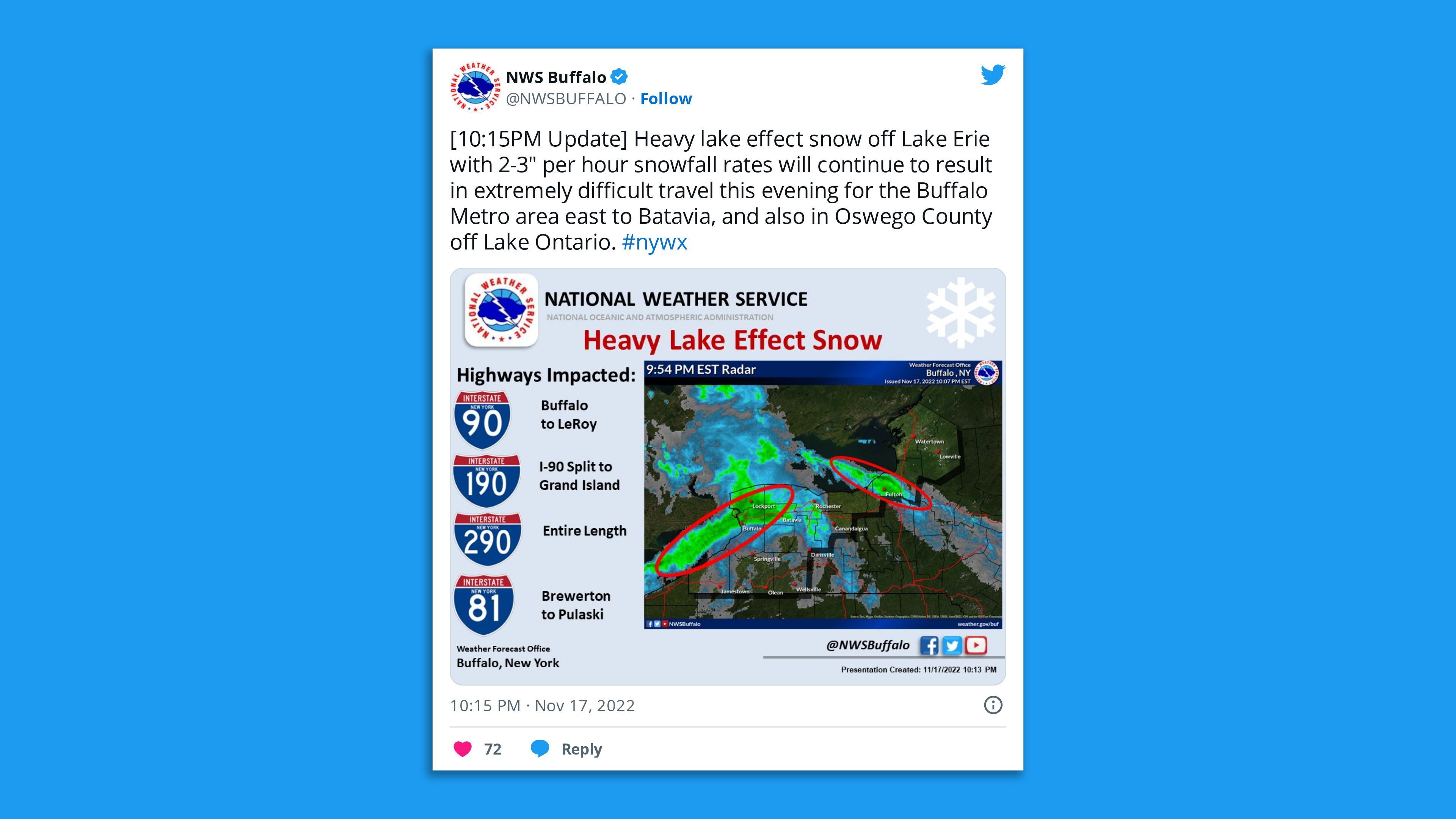 A screenshot of an NWS Buffalo tweet noting 2-3 inches of snowfall is hitting Lake Eerie per hour.