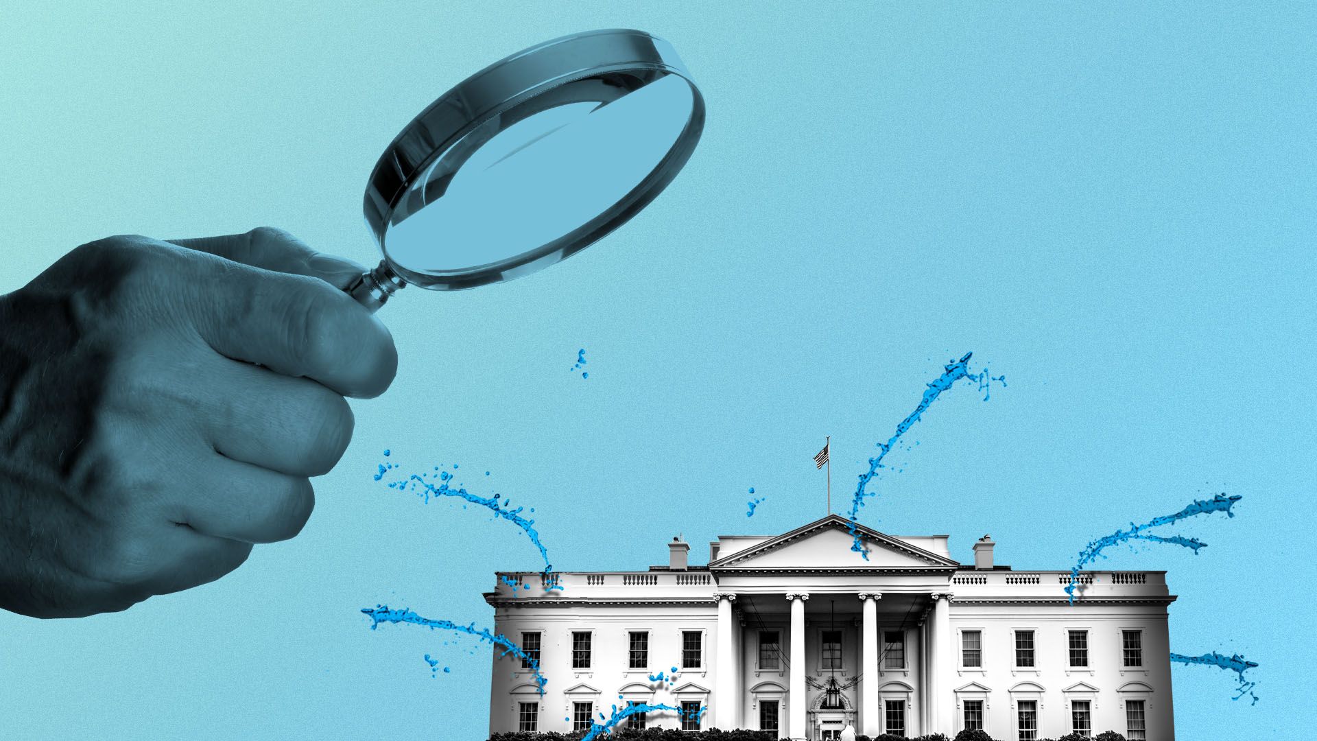 Illustration of a big hand with a magnifying glass inspecting a leaking White House.