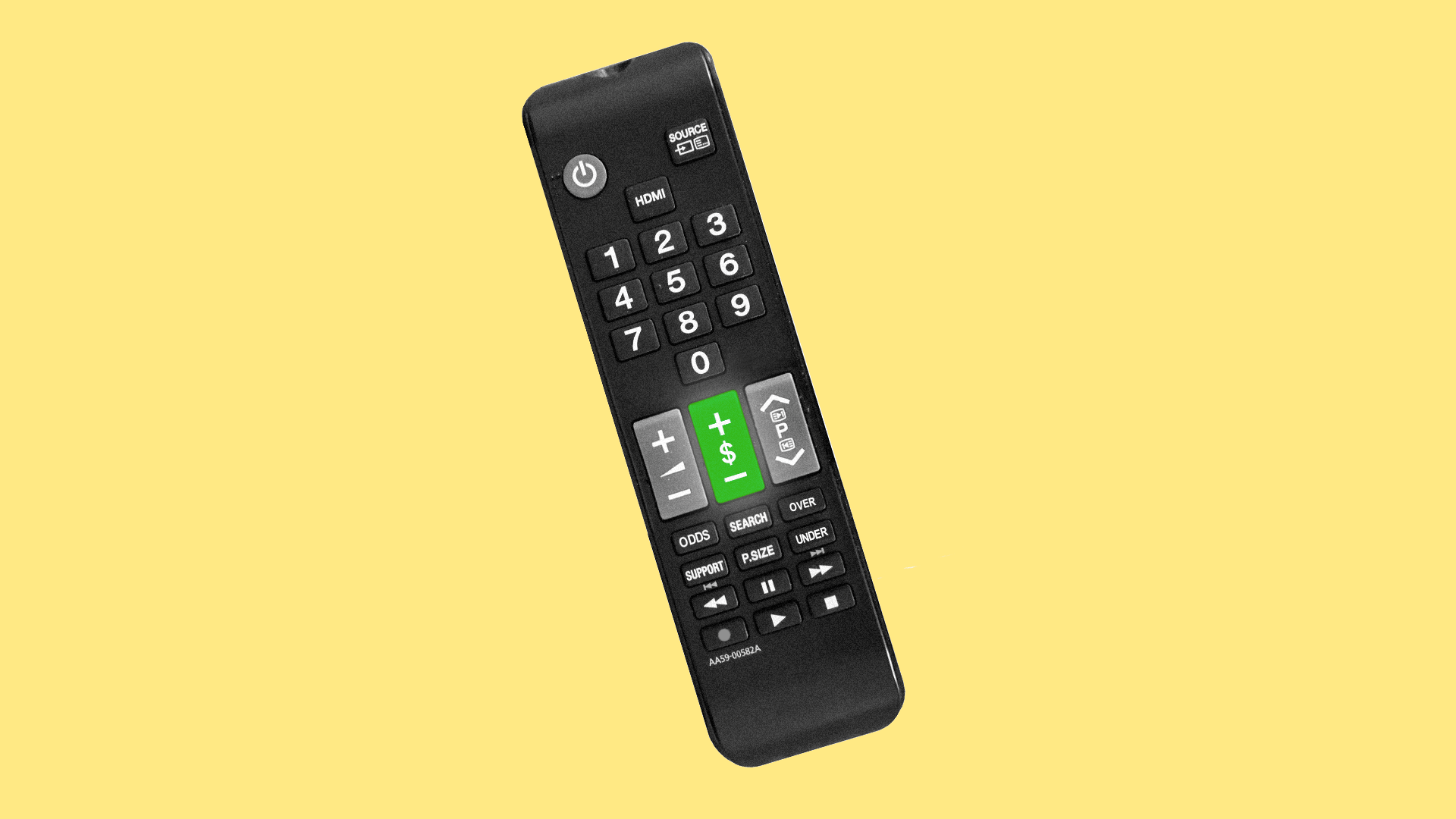 Illustration of a modified television remote control with buttons to increase or decrease bet amounts