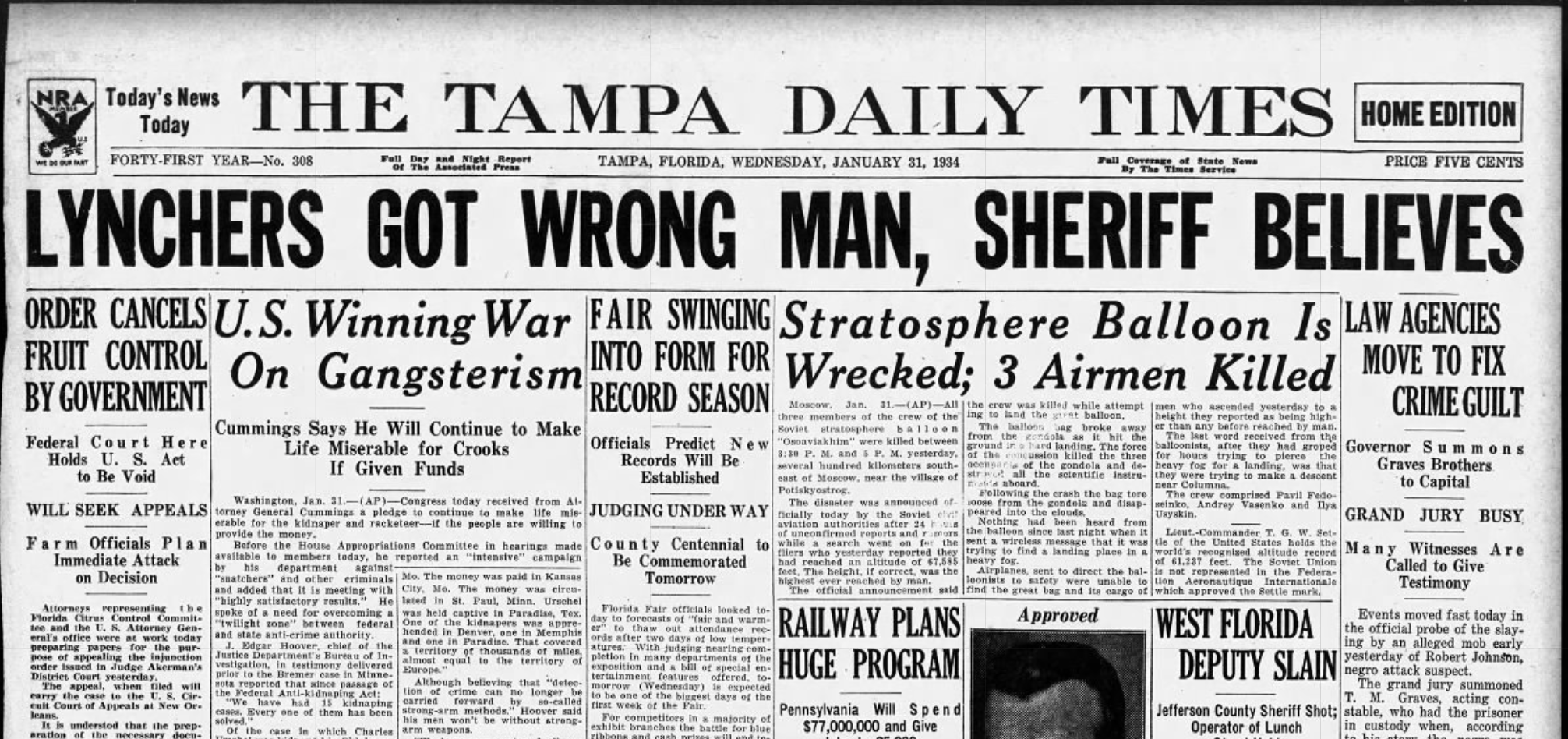 A newspaper clipping of the front page of the Tampa Times on Jan. 31, 1934.