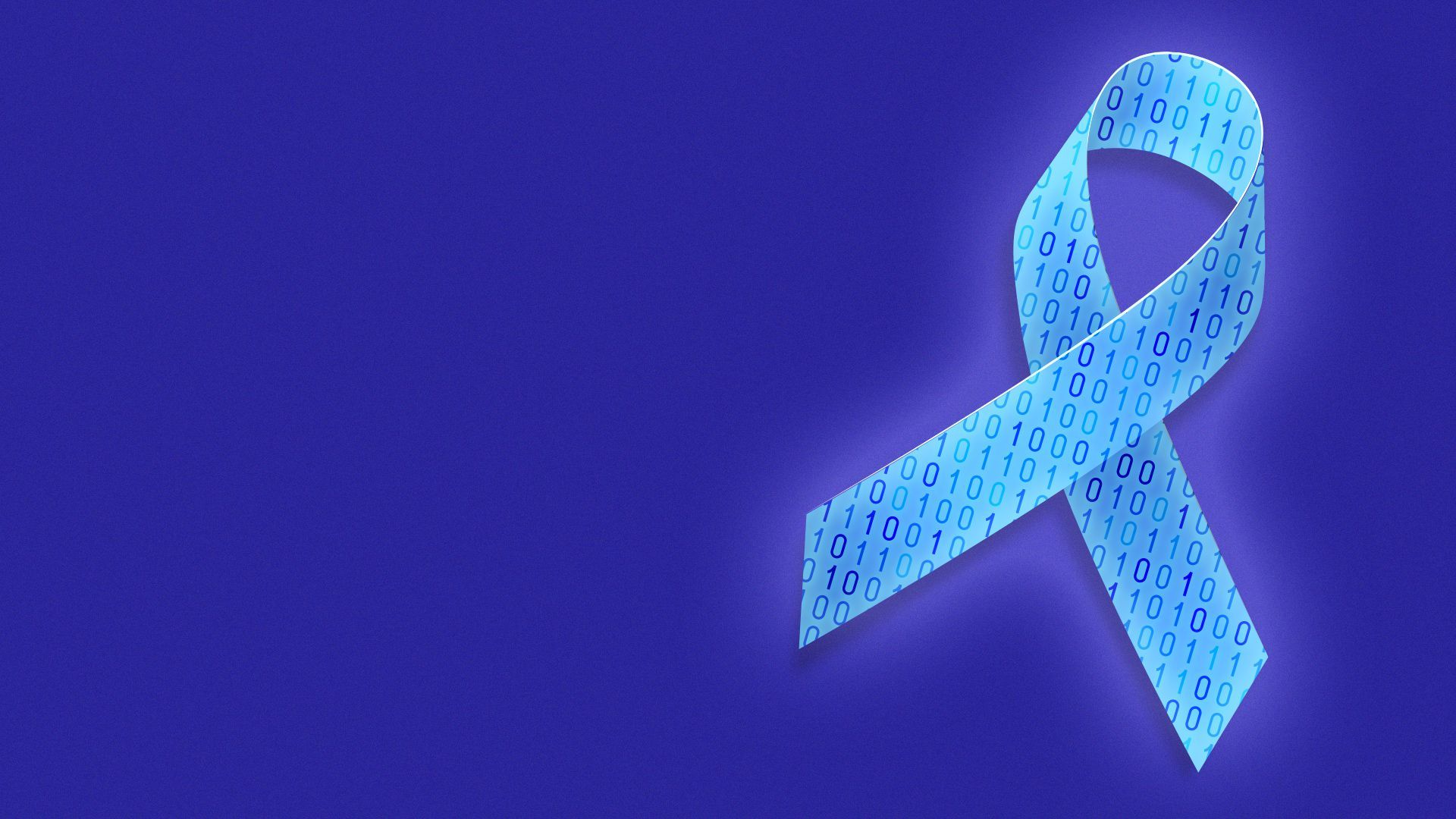 Illustration of a light blue ribbon glowing with binary code.
