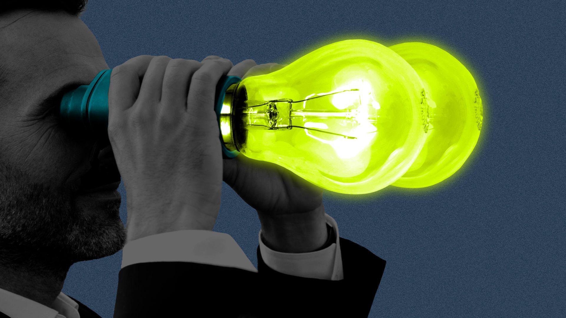 Illustration of a man holding binoculars up to his eyes, with light bulbs coming out the other side of the binoculars.