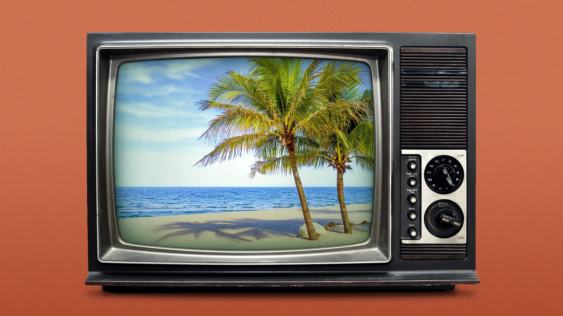 Illustration of an old fashioned TV with a scene of the beach on the screen.