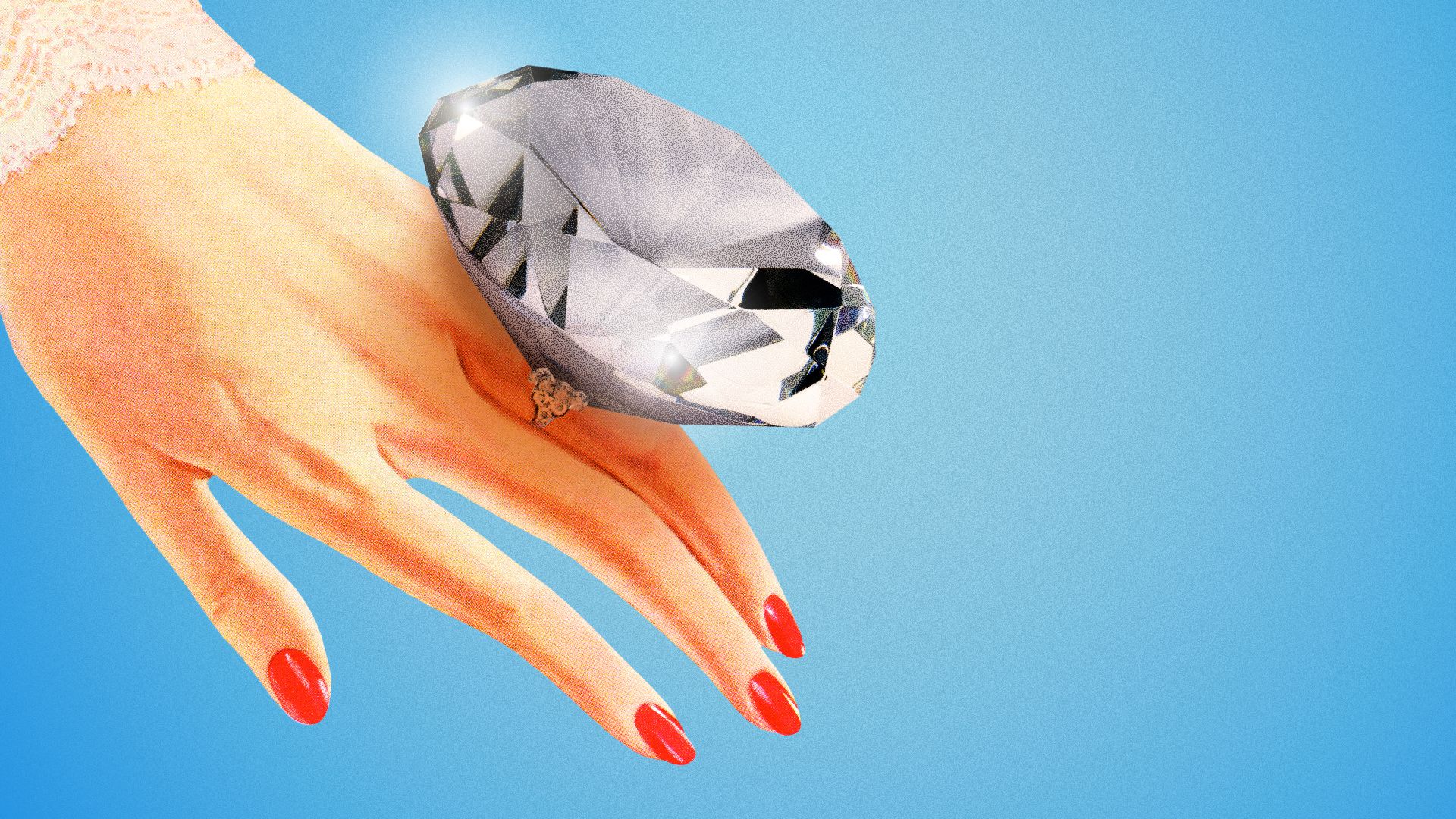 Illustration of a woman's hand wearing a giant diamond ring. 