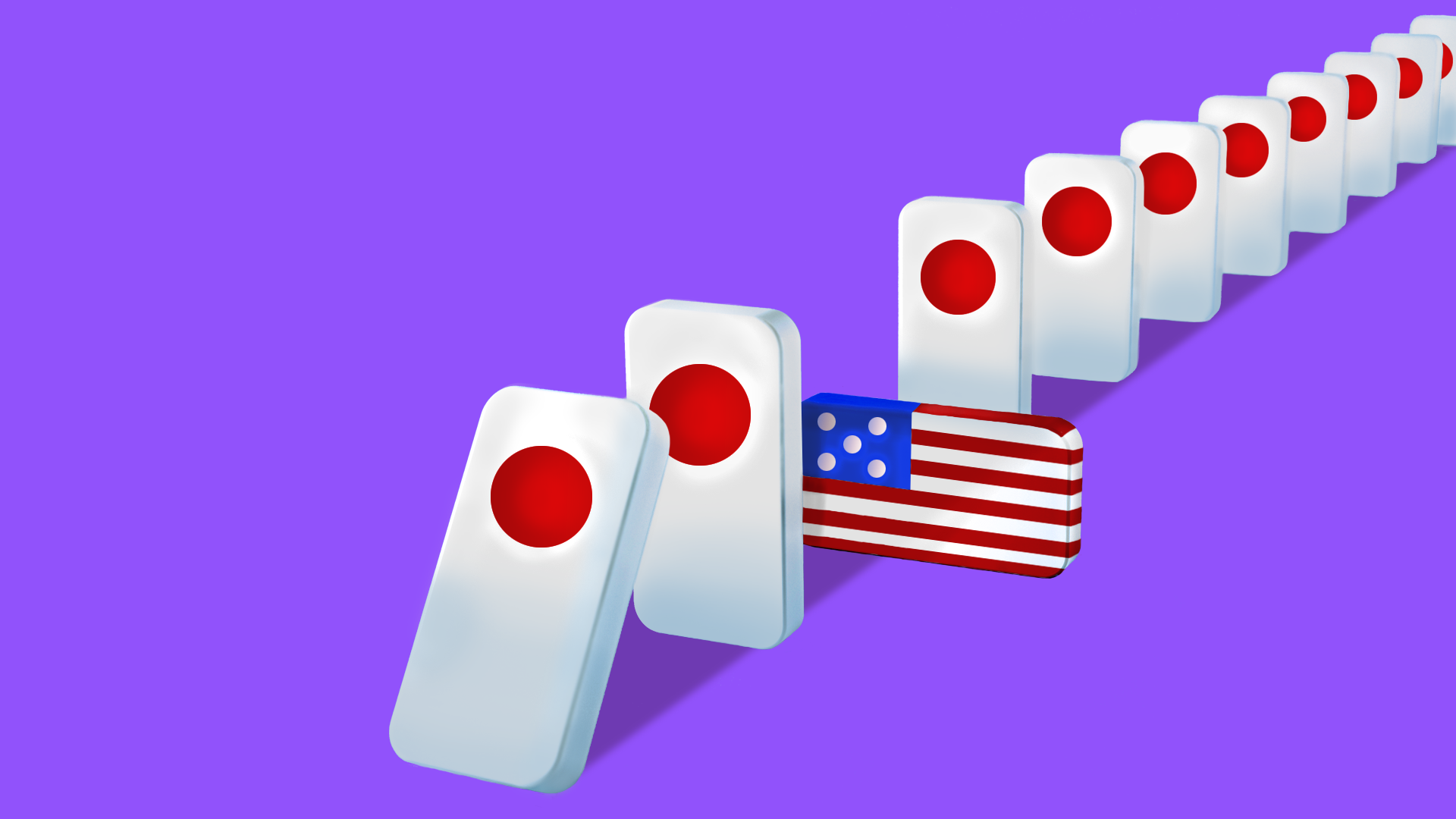 Illustration of Japan-flag dominos falling with an American flag in the middle