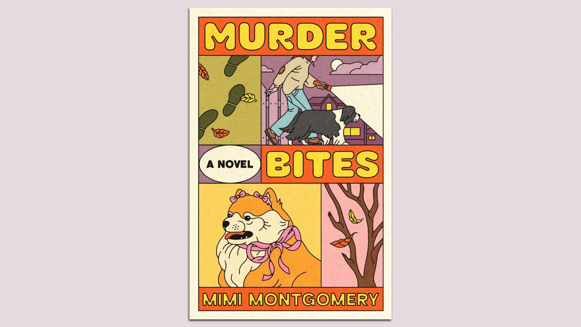 Book cover for "Murder Bites" by Mimi Montgomery with autumn leaves, a person walking a dog with a flashlight, and a fluffy dog wearing a pink bow and scarf near a tree.