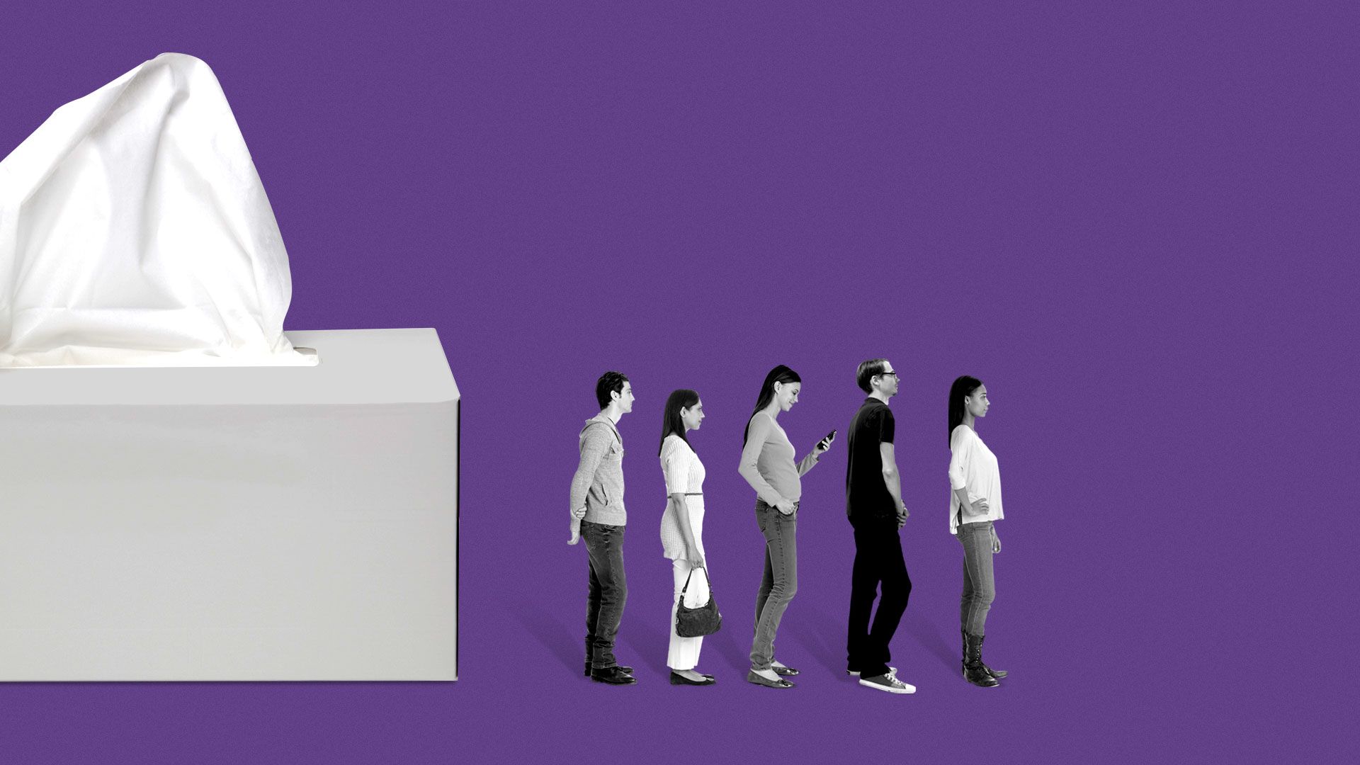 Illustration of group of people looking down and facing away from large tissue box.
