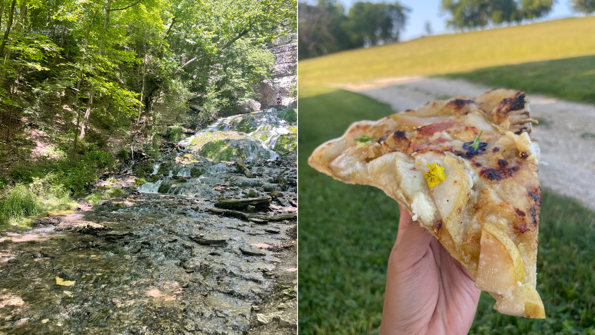 A natural waterfall on the left and a slice of pizza on the right