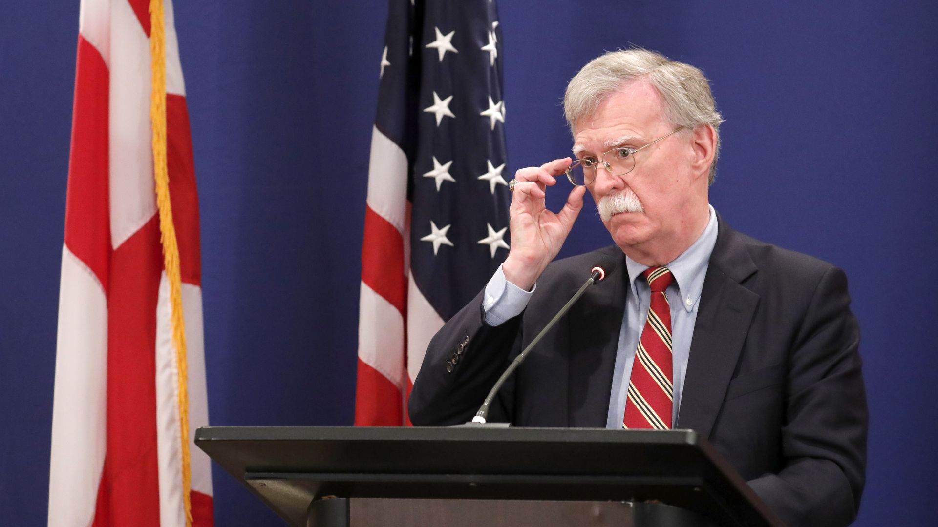 John Bolton, National Security Adviser to the US President, gives a press briefing in Tbilisi.