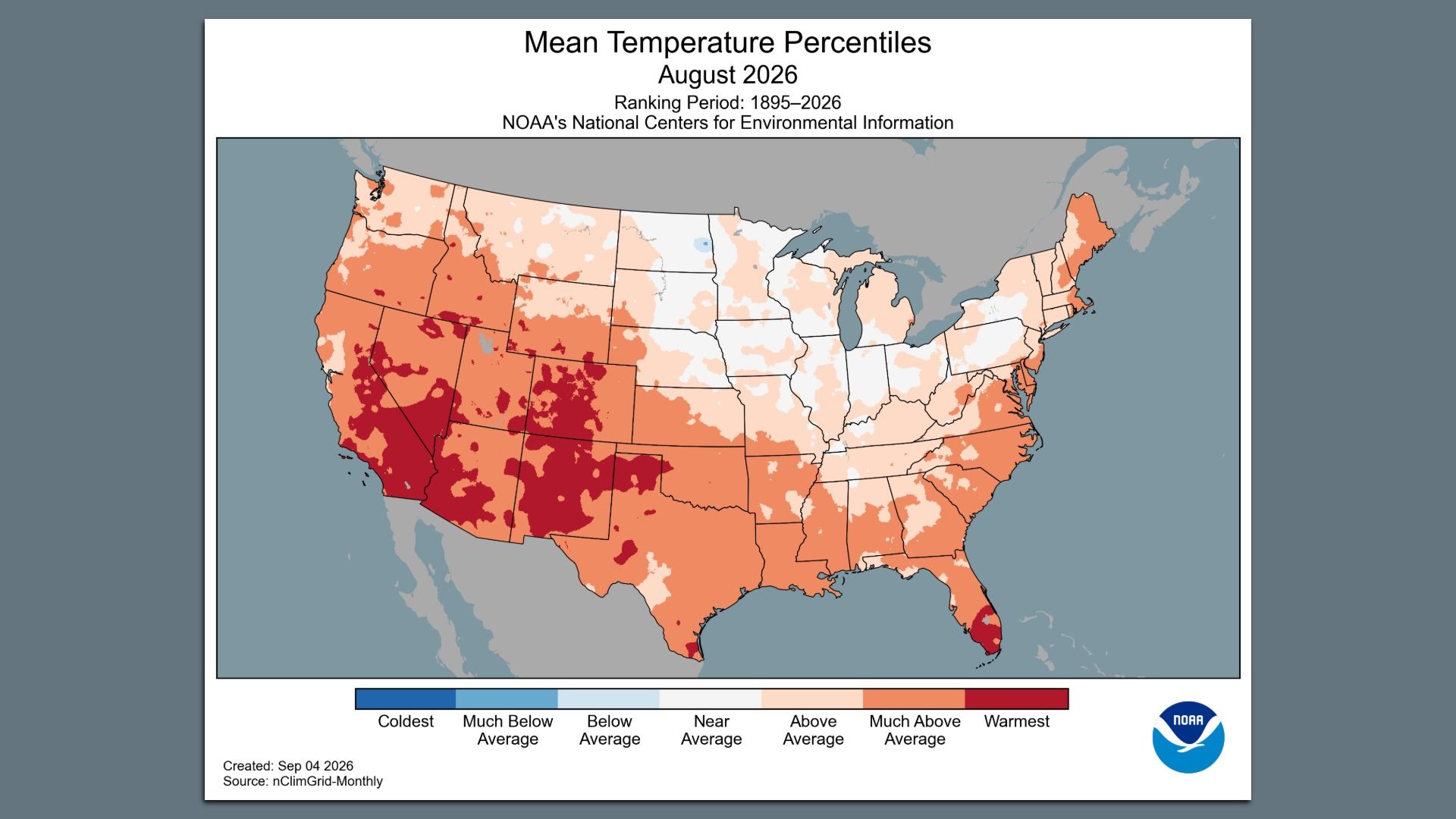 A graphic showing the mean temperature percentiles for August 2026 compared to the ranking period of 1895-2026.