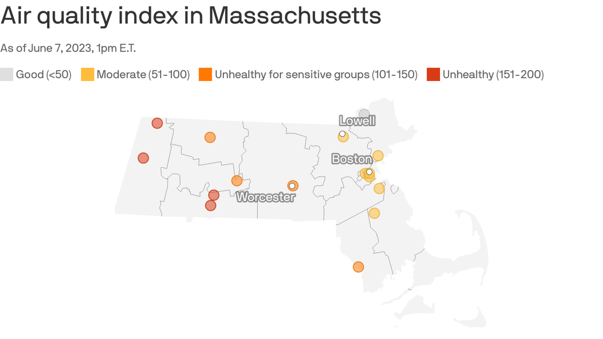 A map showing that Boston and its immediate suburbs are experiencing moderate air quality. 