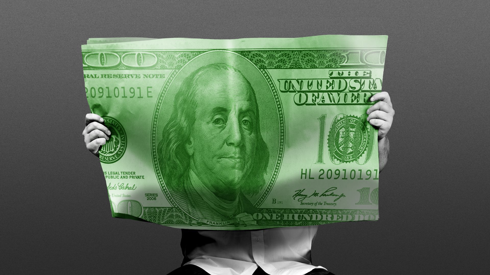 Illustration of a person reading a hundred dollar bill-shaped newspaper