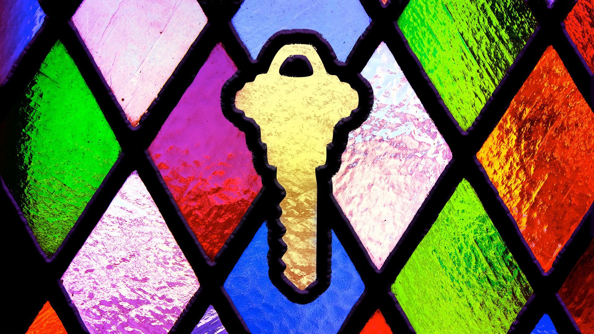 Illustration of a stained-glass window with a key design in it.