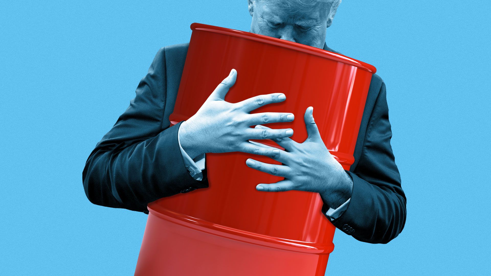 Illustration of Donald Trump hugging an oil barrel