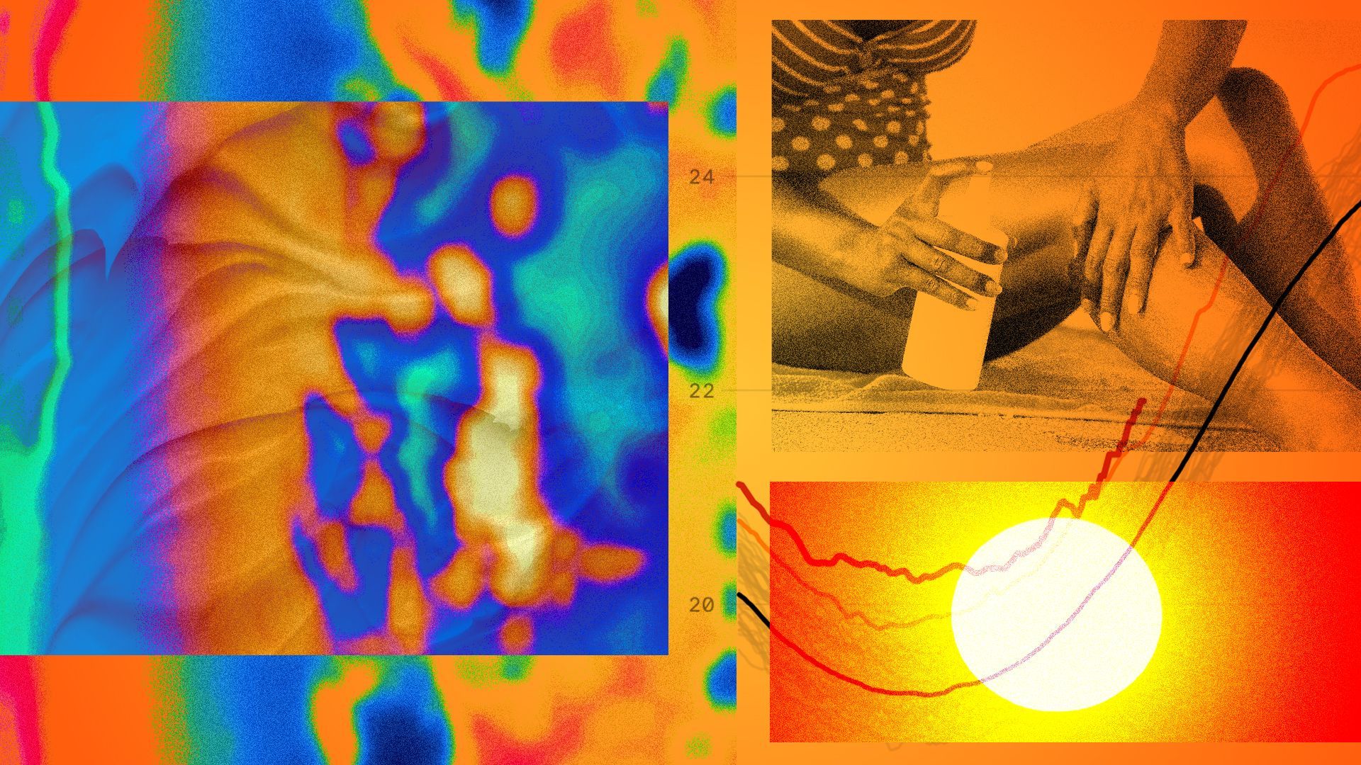 Photo illustration of weather and heat imagery next to a woman applying sunscreen